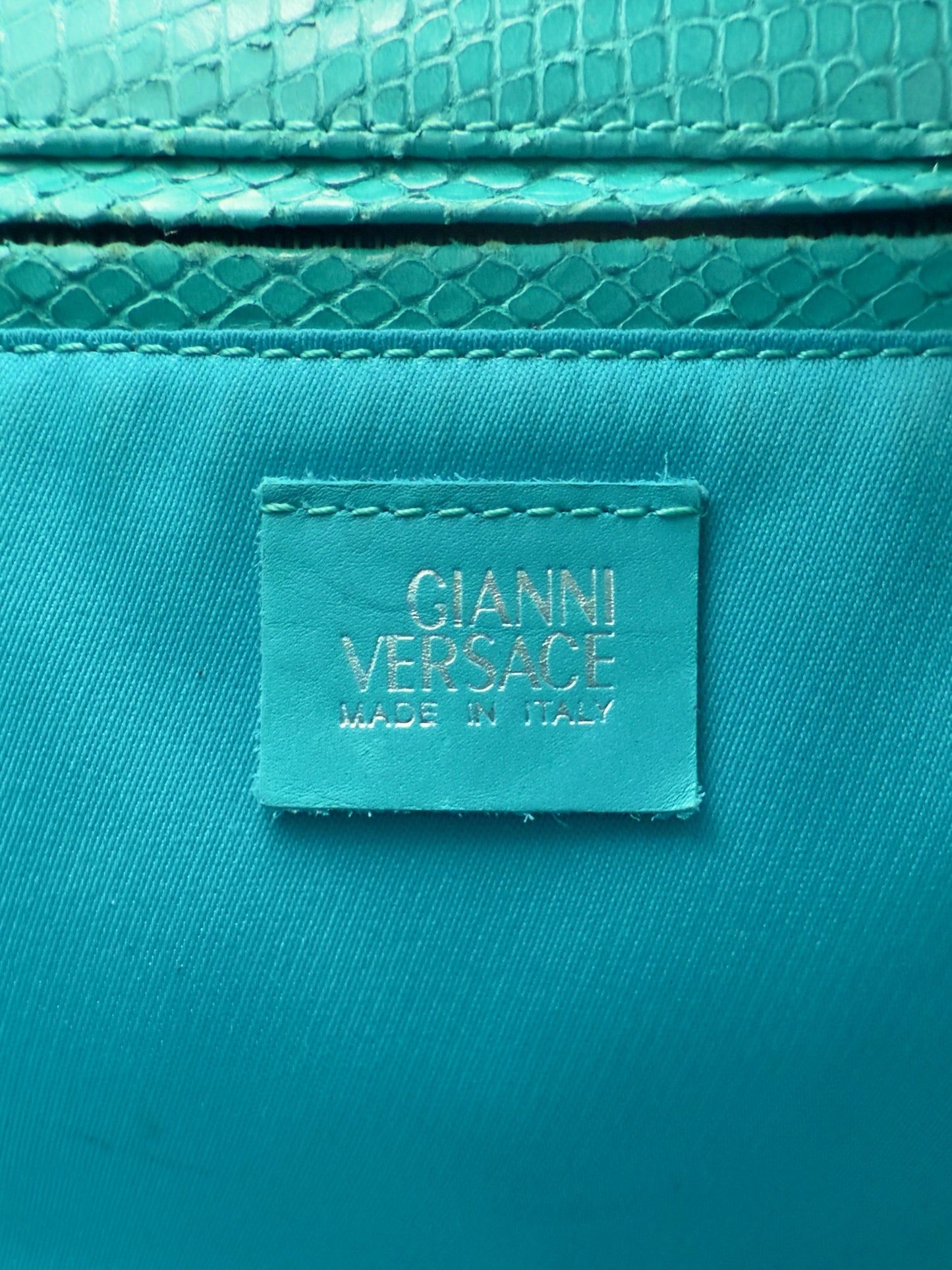 Gianni Versace SS 1999 turquoise python-effect leather frame bag with metal handles.