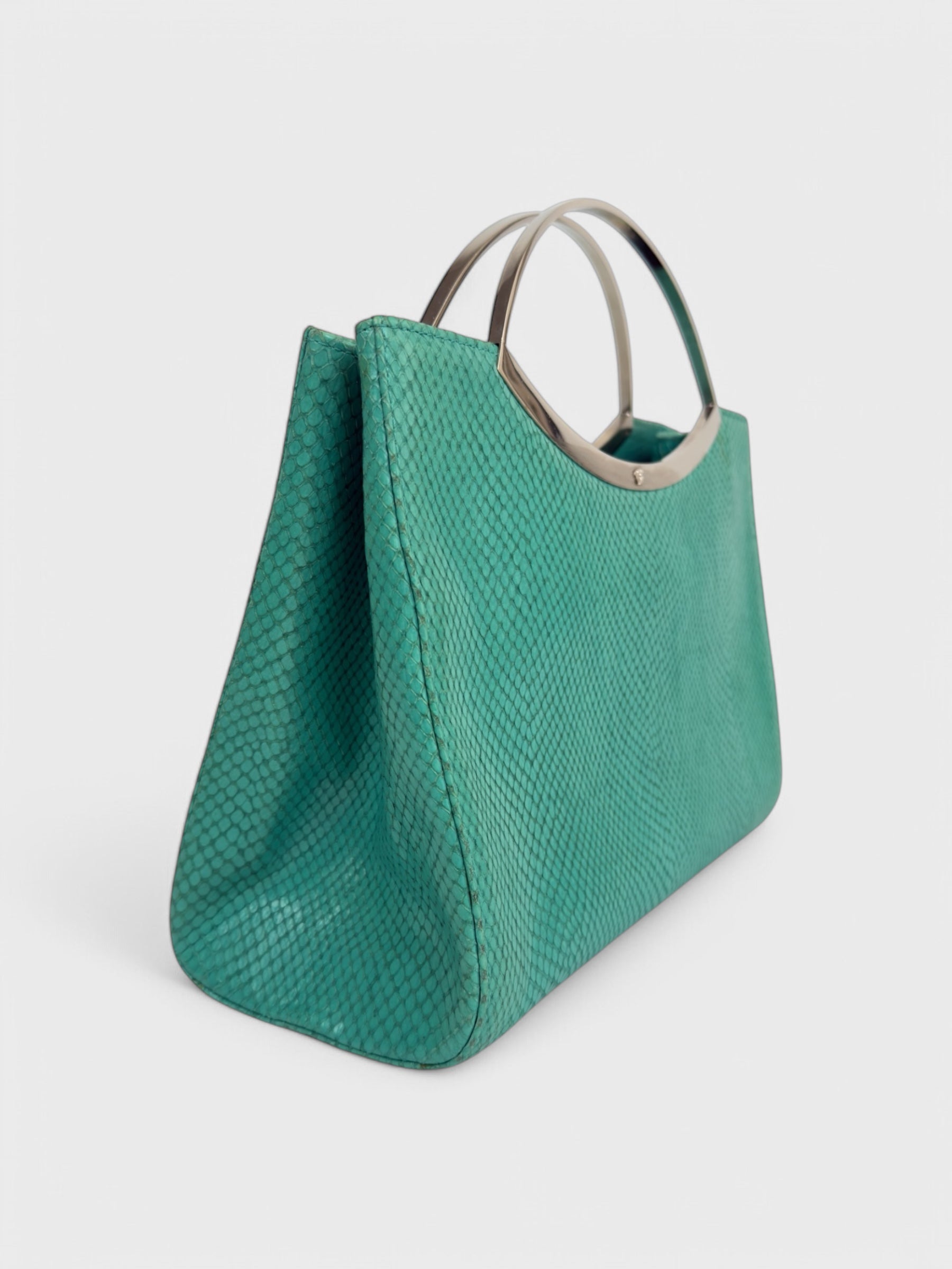 Gianni Versace SS 1999 turquoise python-effect leather frame bag with metal handles.