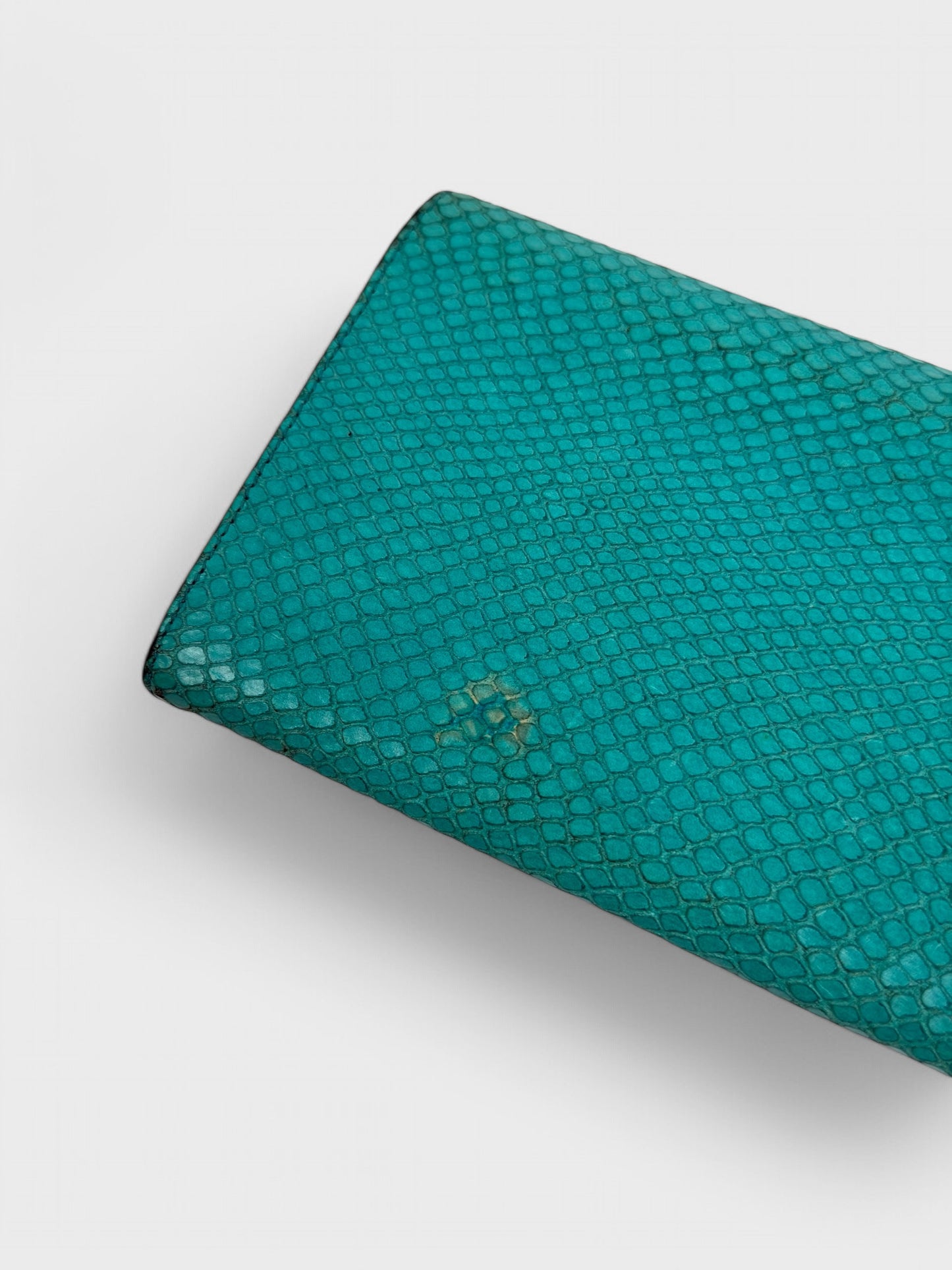 Gianni Versace SS 1999 turquoise python-effect leather frame bag with metal handles.