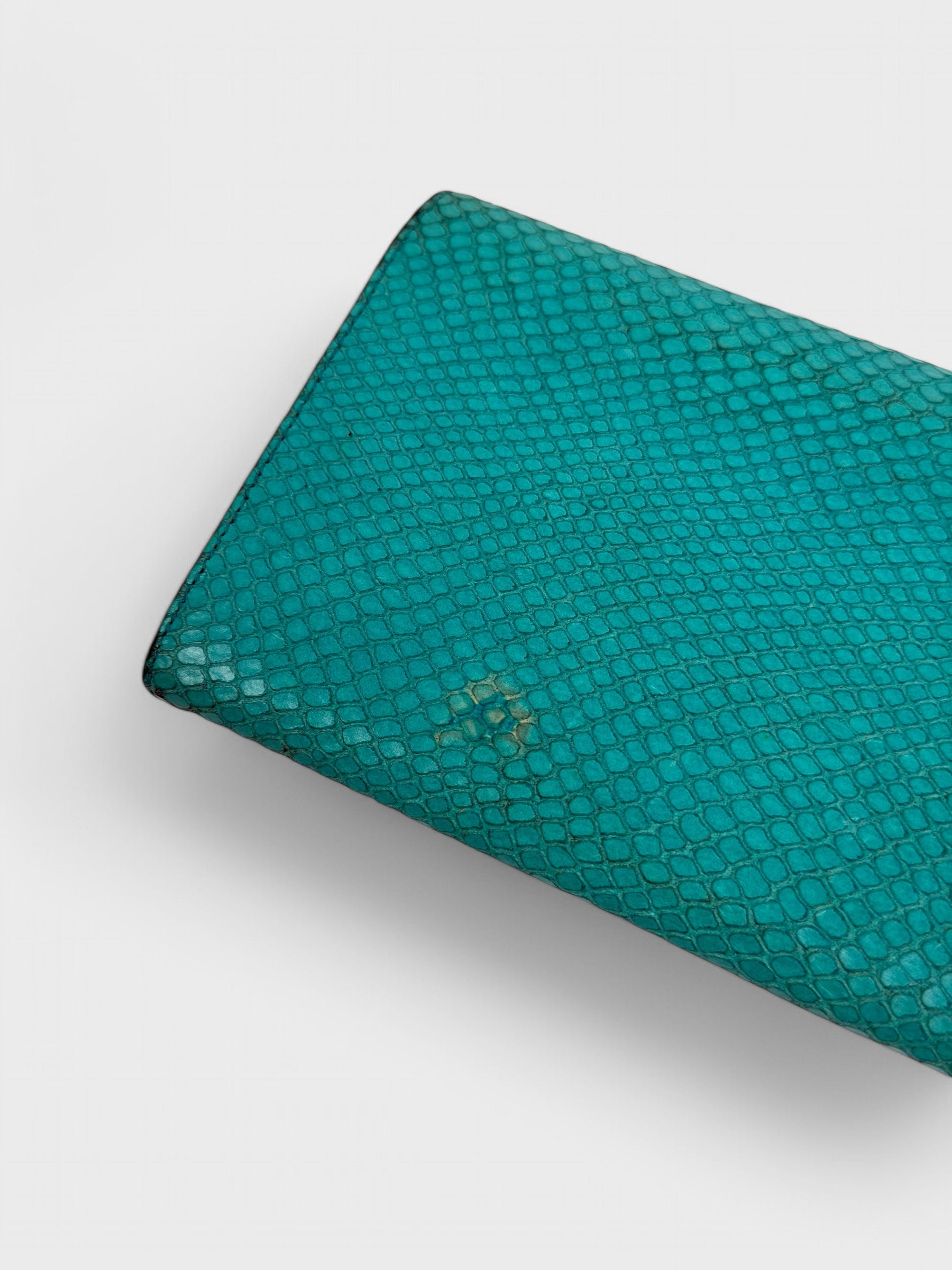 Gianni Versace SS 1999 turquoise python-effect leather frame bag with metal handles.