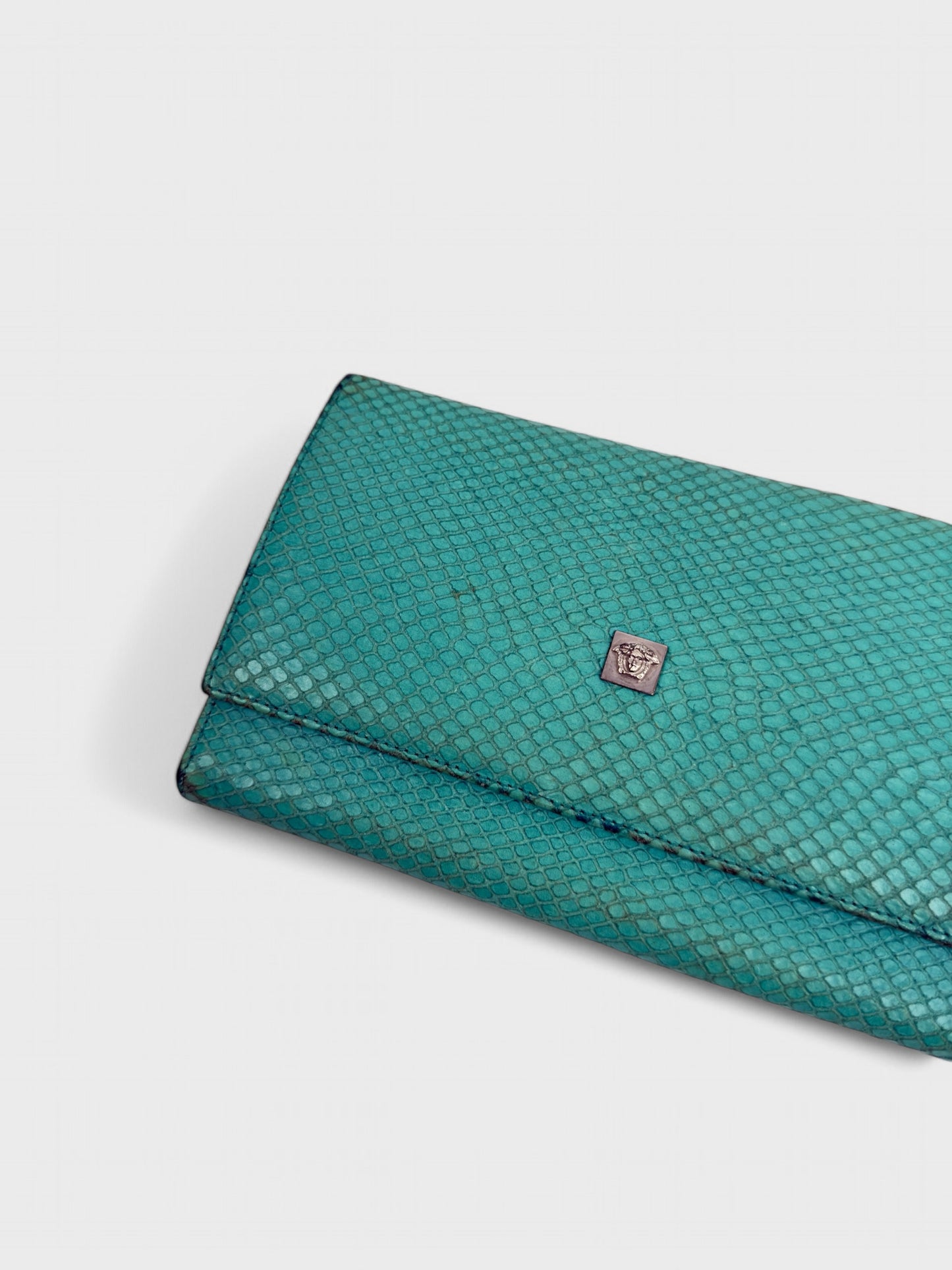 Gianni Versace SS 1999 turquoise python-effect leather frame bag with metal handles.