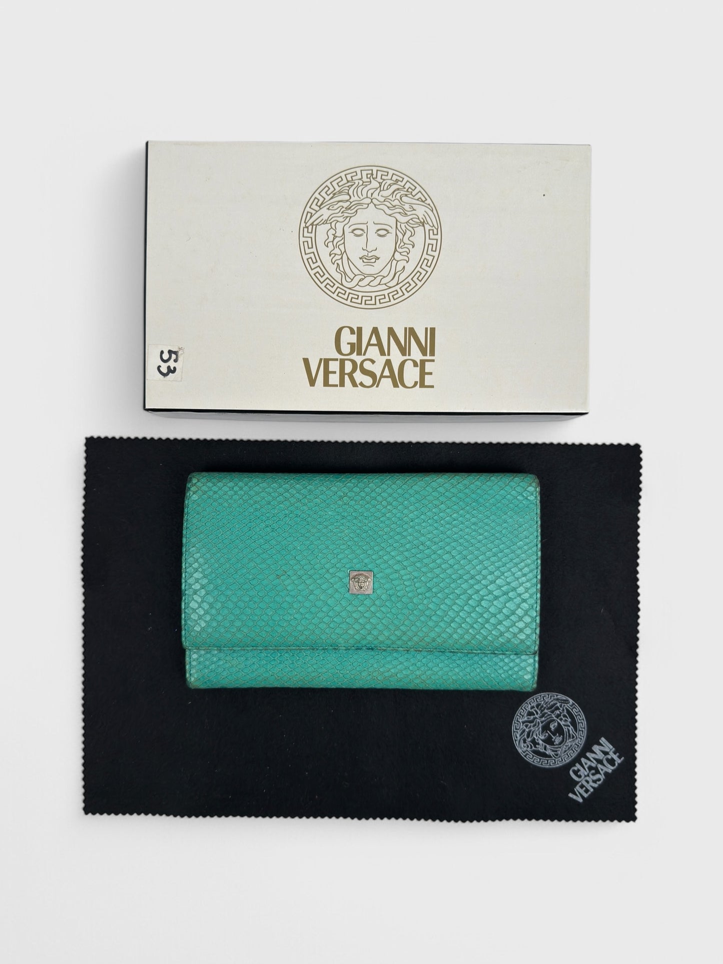 Gianni Versace SS 1999 turquoise python-effect leather frame bag with metal handles.
