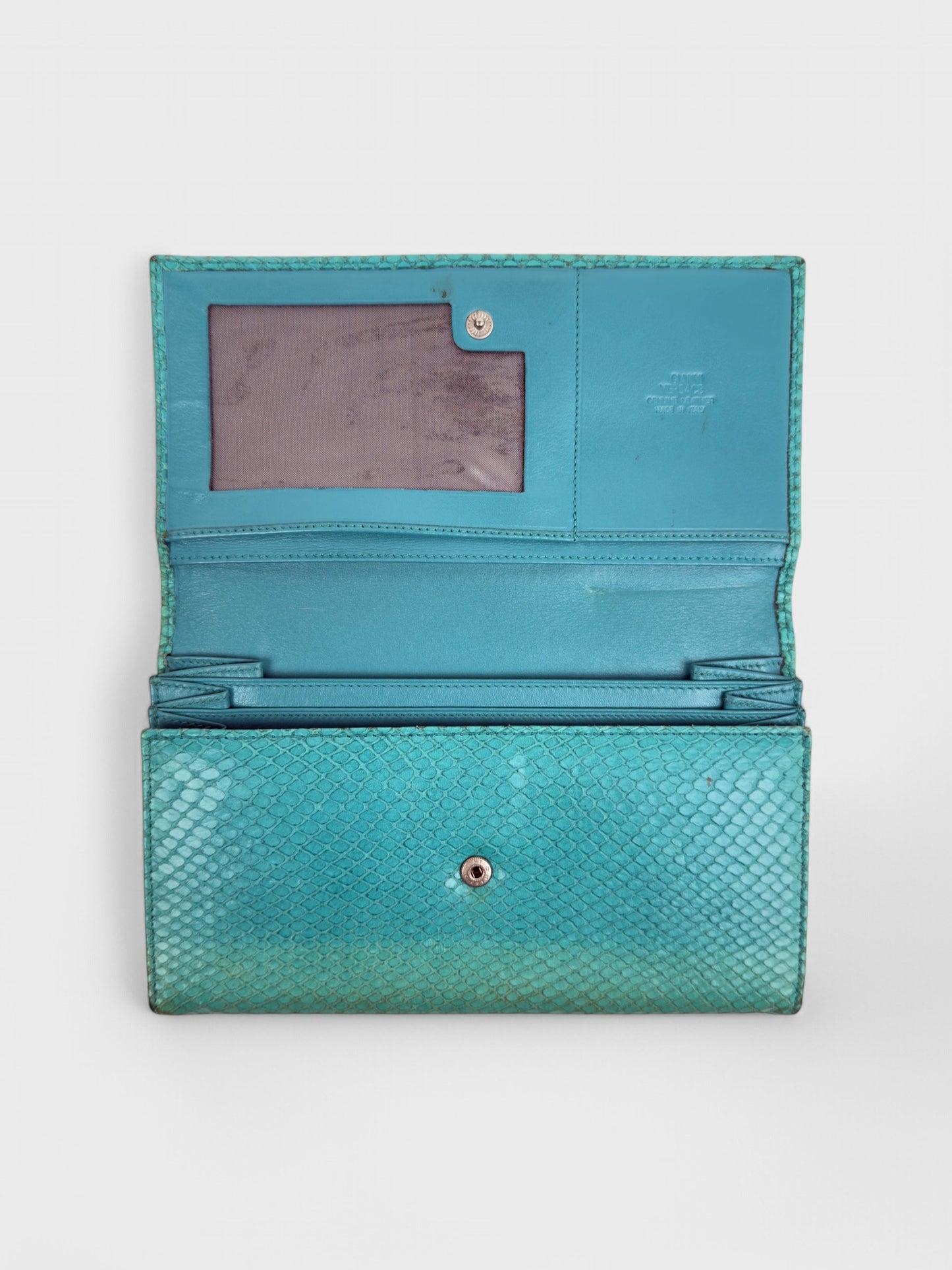 Gianni Versace SS 1999 turquoise python-effect leather frame bag with metal handles.