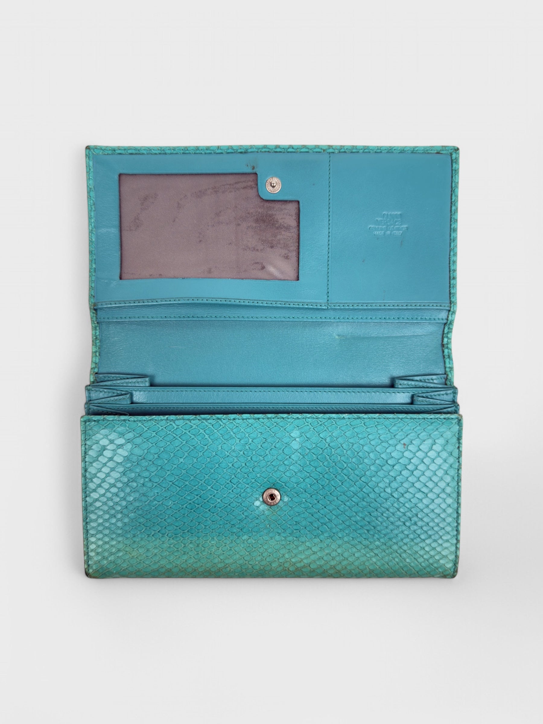 Gianni Versace SS 1999 turquoise python-effect leather frame bag with metal handles.