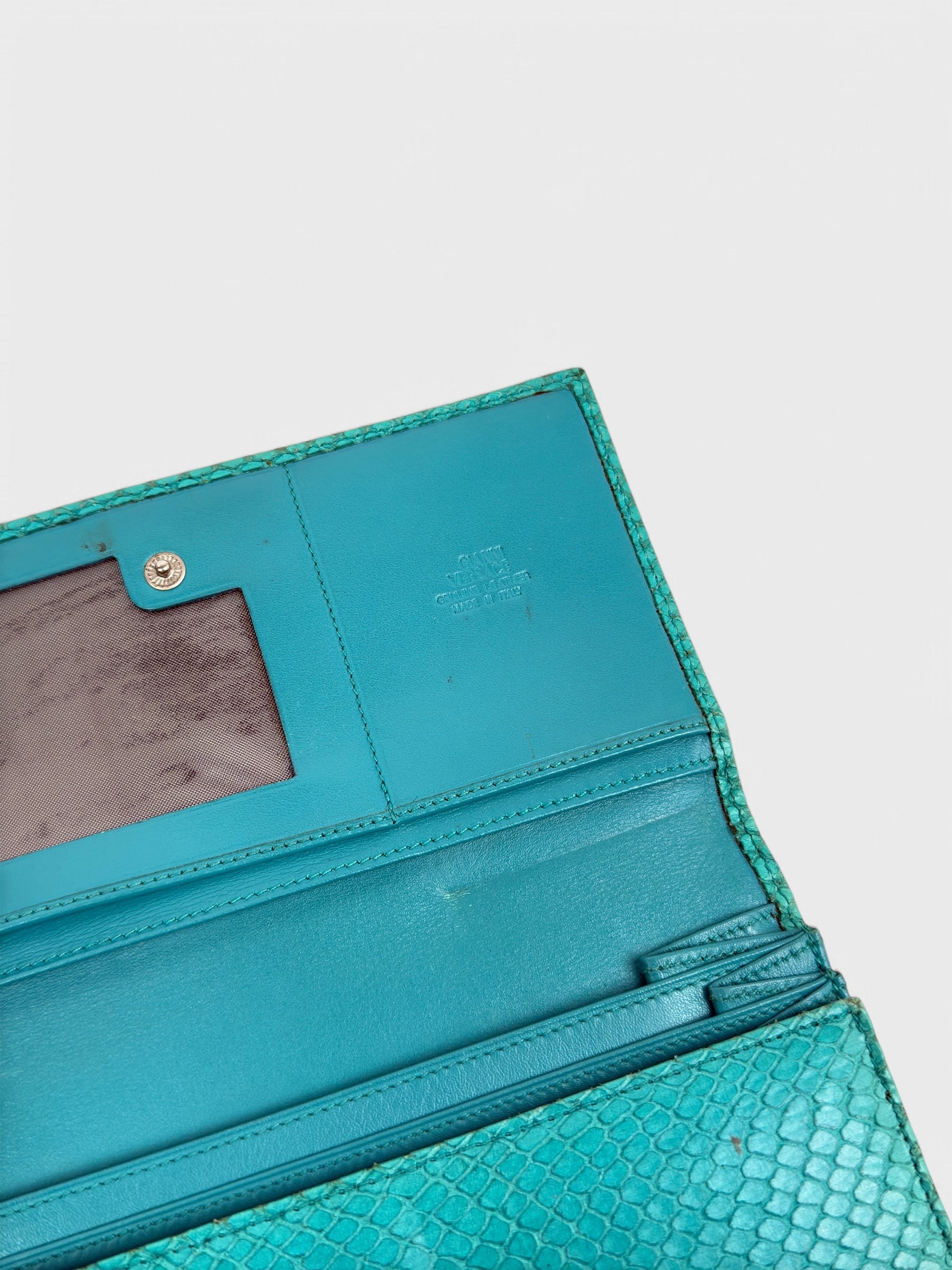 Gianni Versace SS 1999 turquoise python-effect leather frame bag with metal handles.