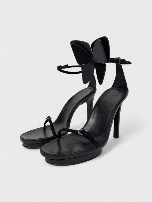 Gucci SS 2002 runway platform heels with movable butterfly detail and adjustable leather straps.