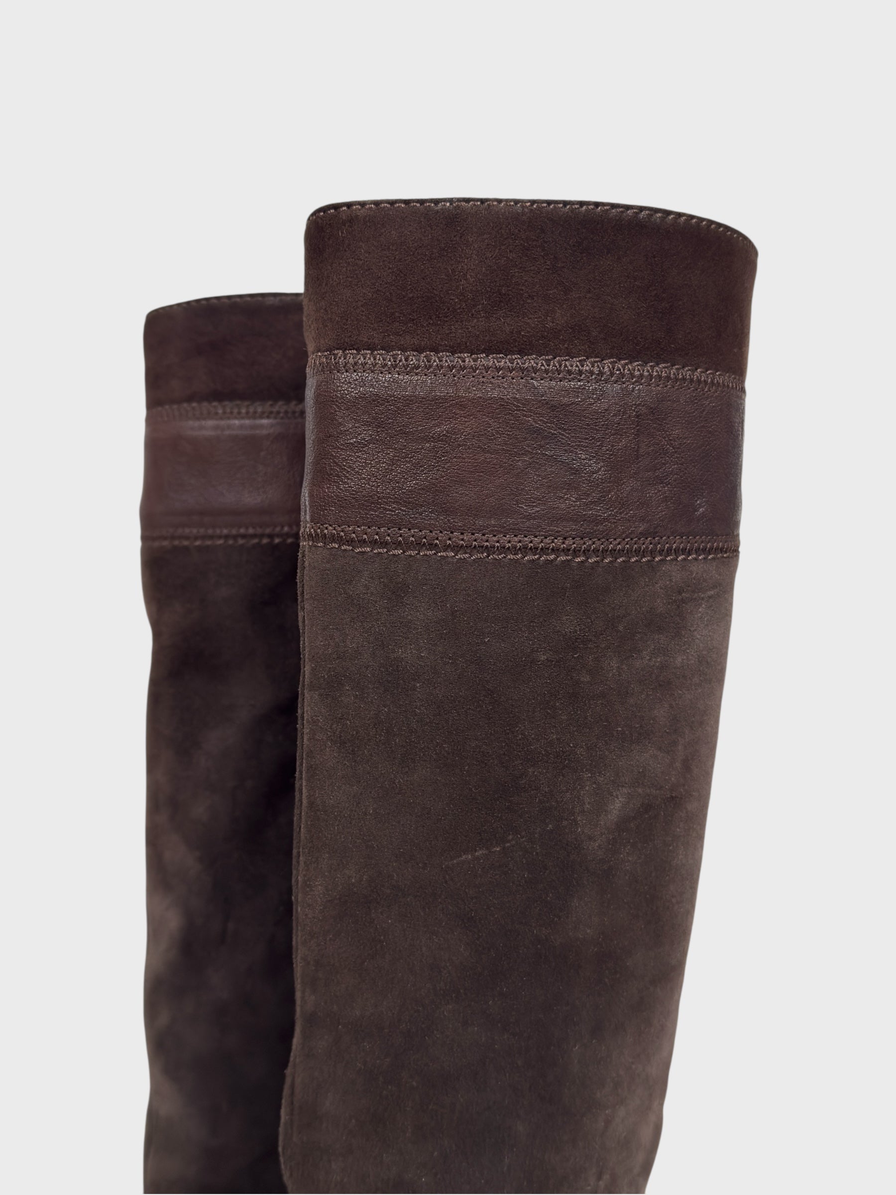 Vintage Miu Miu 2000s–2010s brown suede camperos boots with embroidered detailing and high heel.