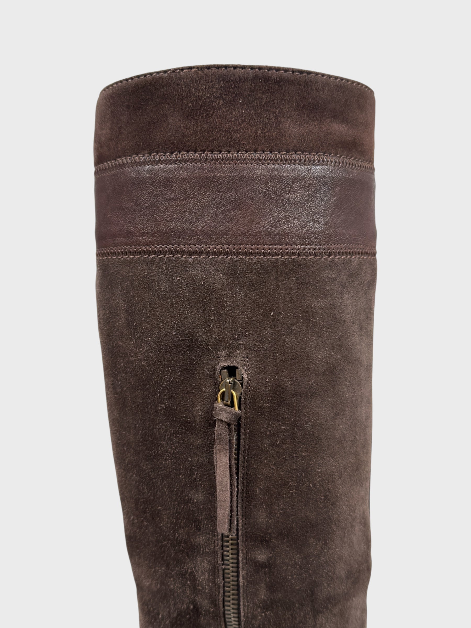 Vintage Miu Miu 2000s–2010s brown suede camperos boots with embroidered detailing and high heel.