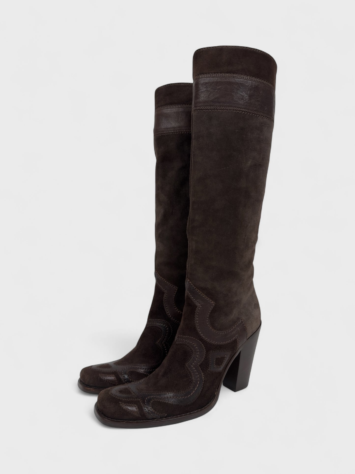 Vintage Miu Miu 2000s–2010s brown suede camperos boots with embroidered detailing and high heel.