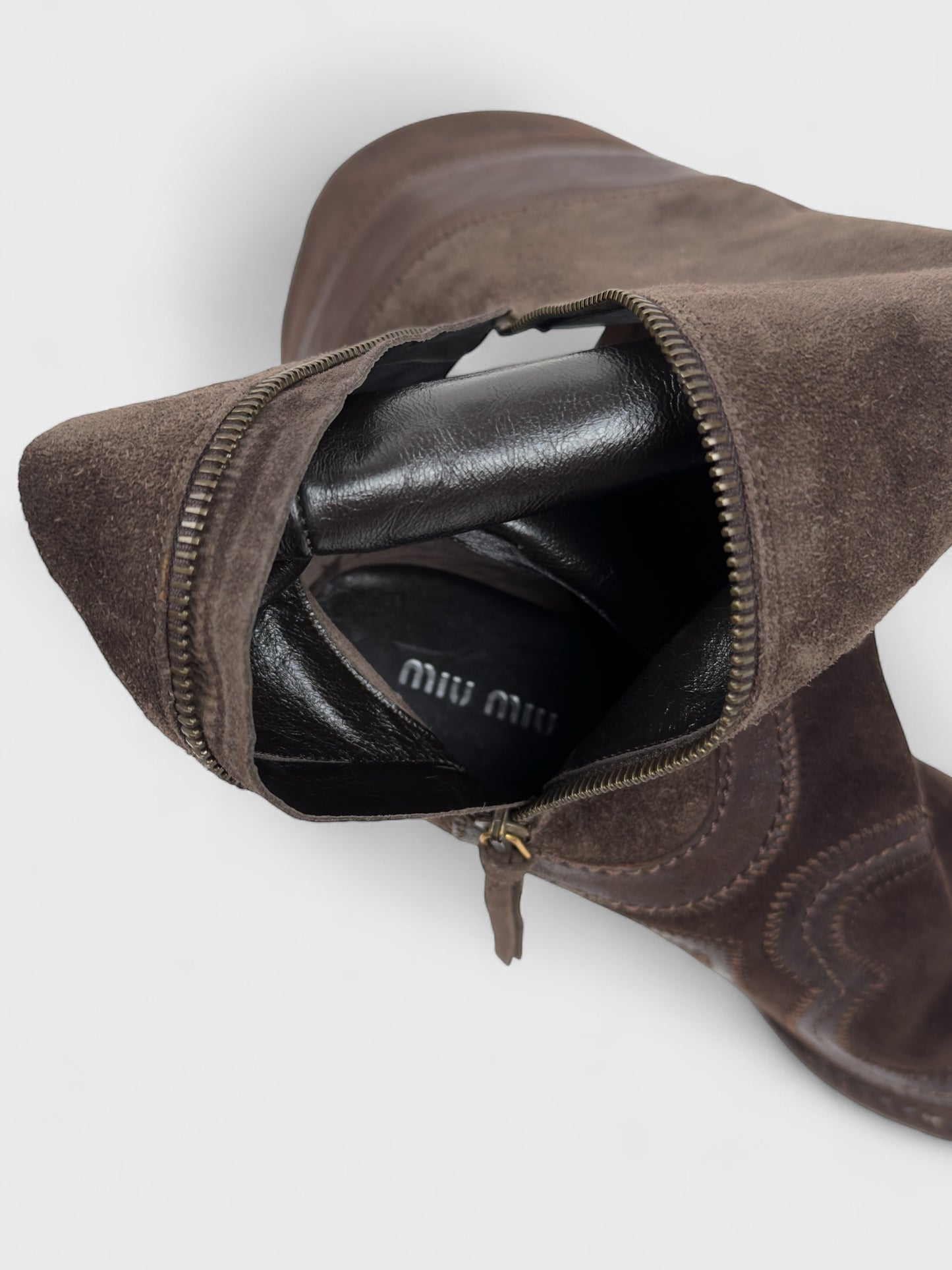 Vintage Miu Miu 2000s–2010s brown suede camperos boots with embroidered detailing and high heel.