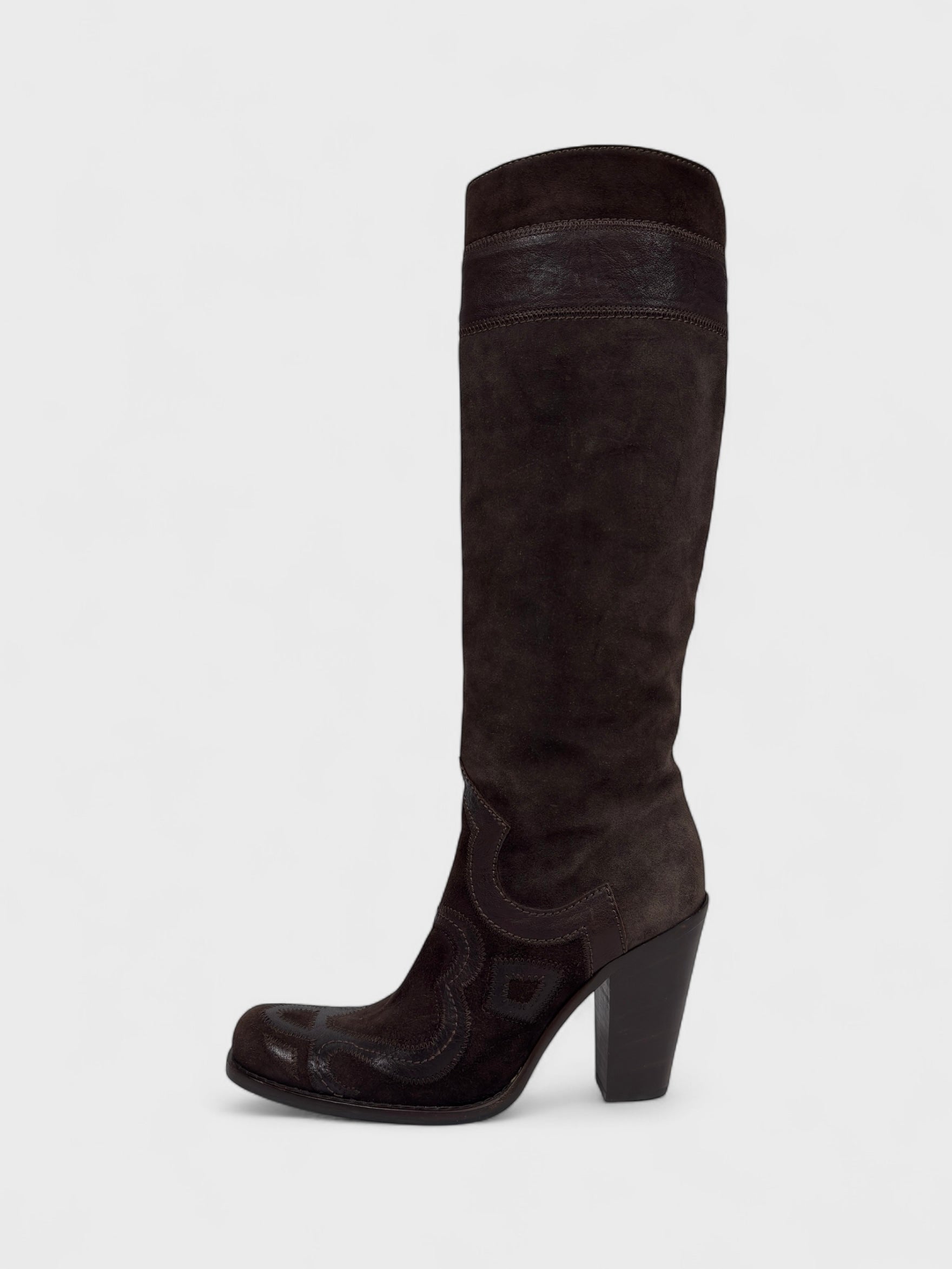 Vintage Miu Miu 2000s–2010s brown suede camperos boots with embroidered detailing and high heel.