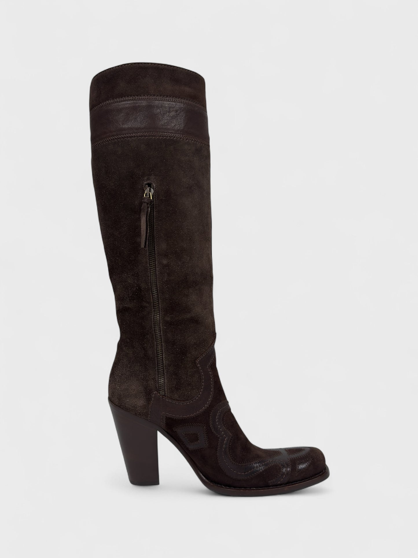 Vintage Miu Miu 2000s–2010s brown suede camperos boots with embroidered detailing and high heel.