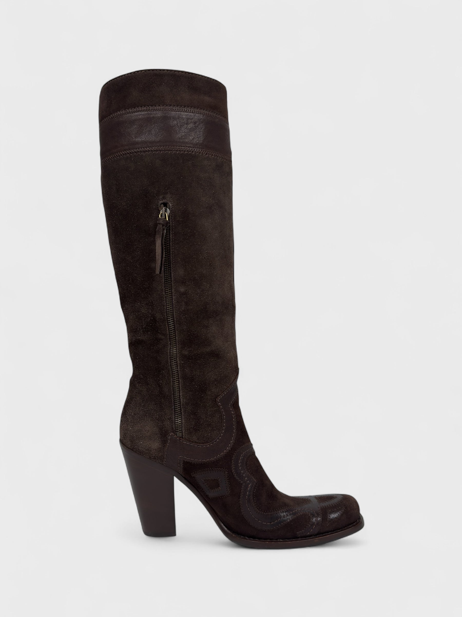 Vintage Miu Miu 2000s–2010s brown suede camperos boots with embroidered detailing and high heel.