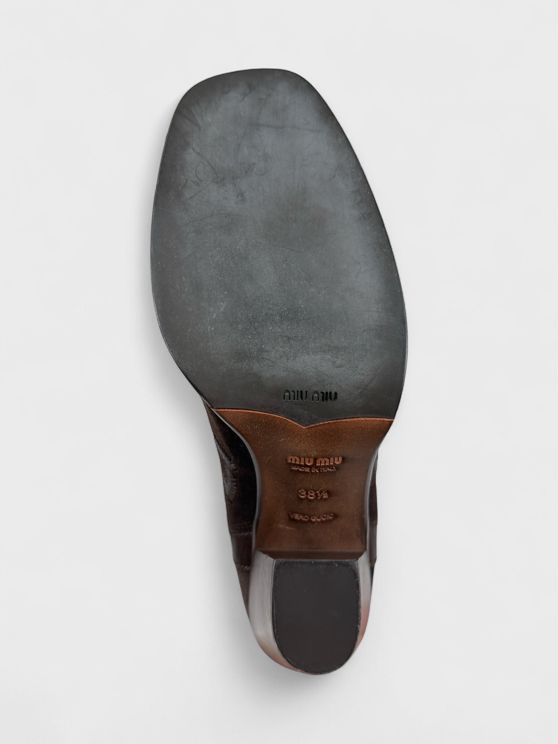 Vintage Miu Miu 2000s–2010s brown suede camperos boots with embroidered detailing and high heel.