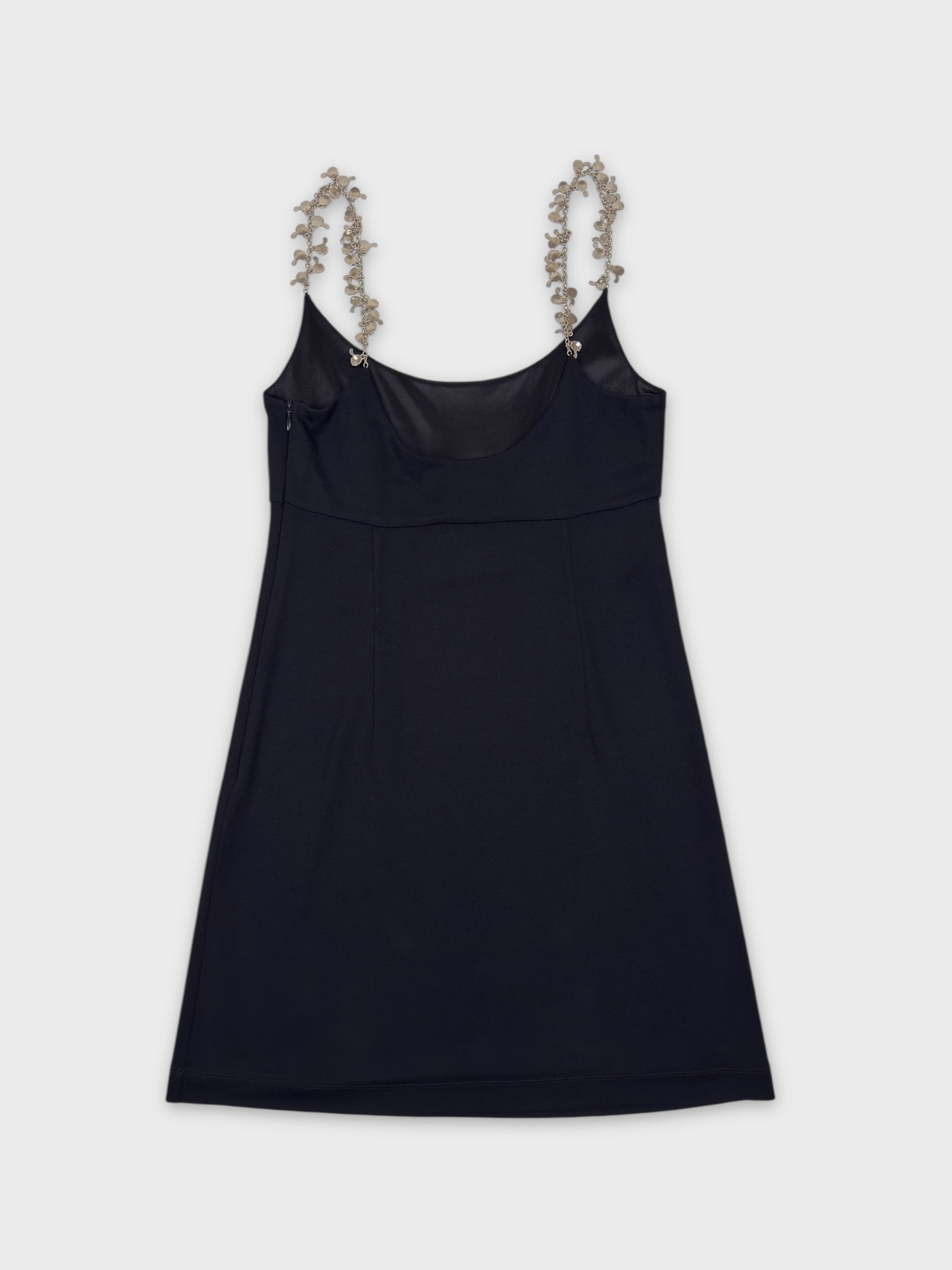Moschino Cheap And Chic 1990s black mini dress with metallic charm shoulder straps.