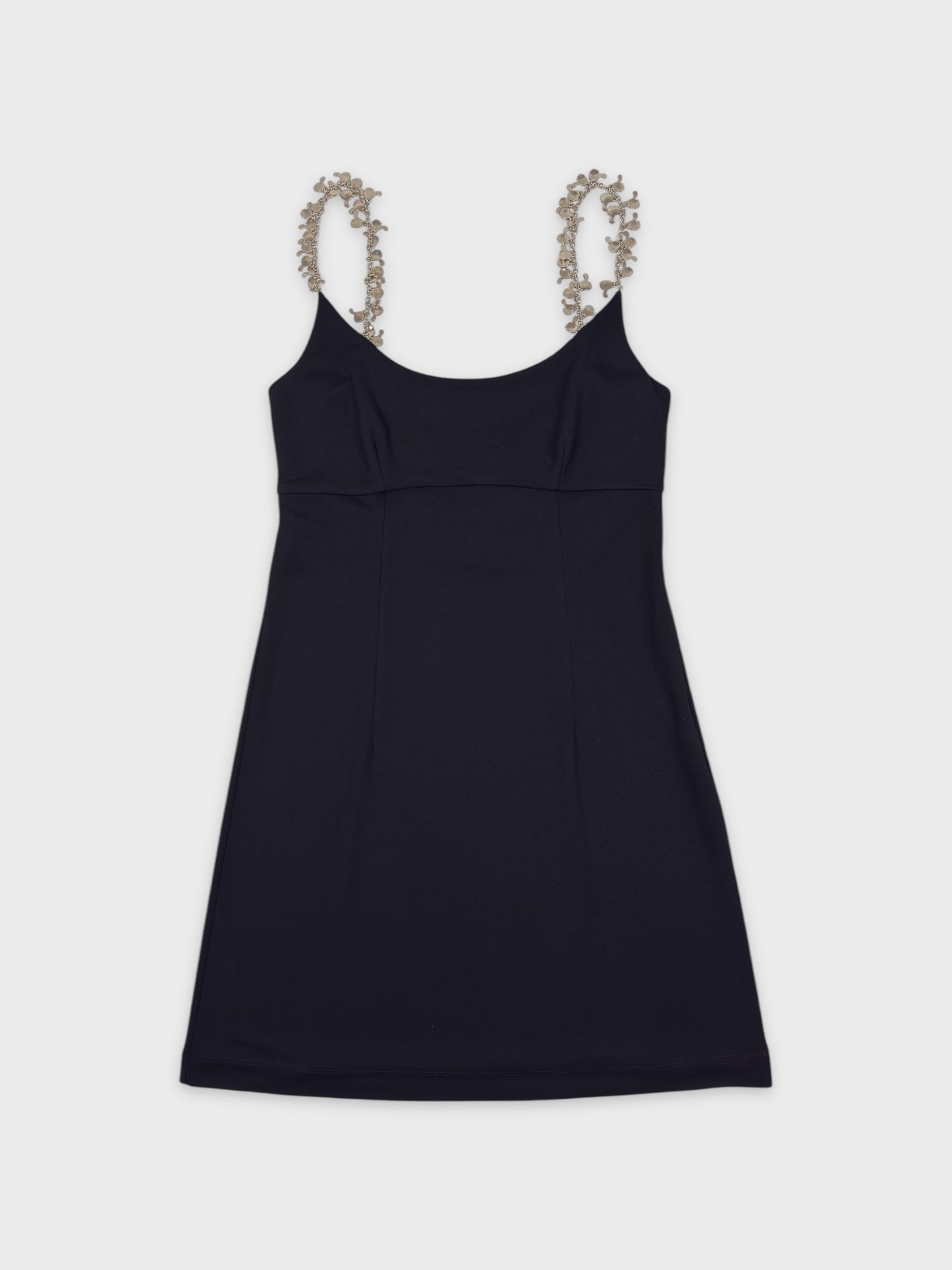 Moschino Cheap And Chic 1990s black mini dress with metallic charm shoulder straps.