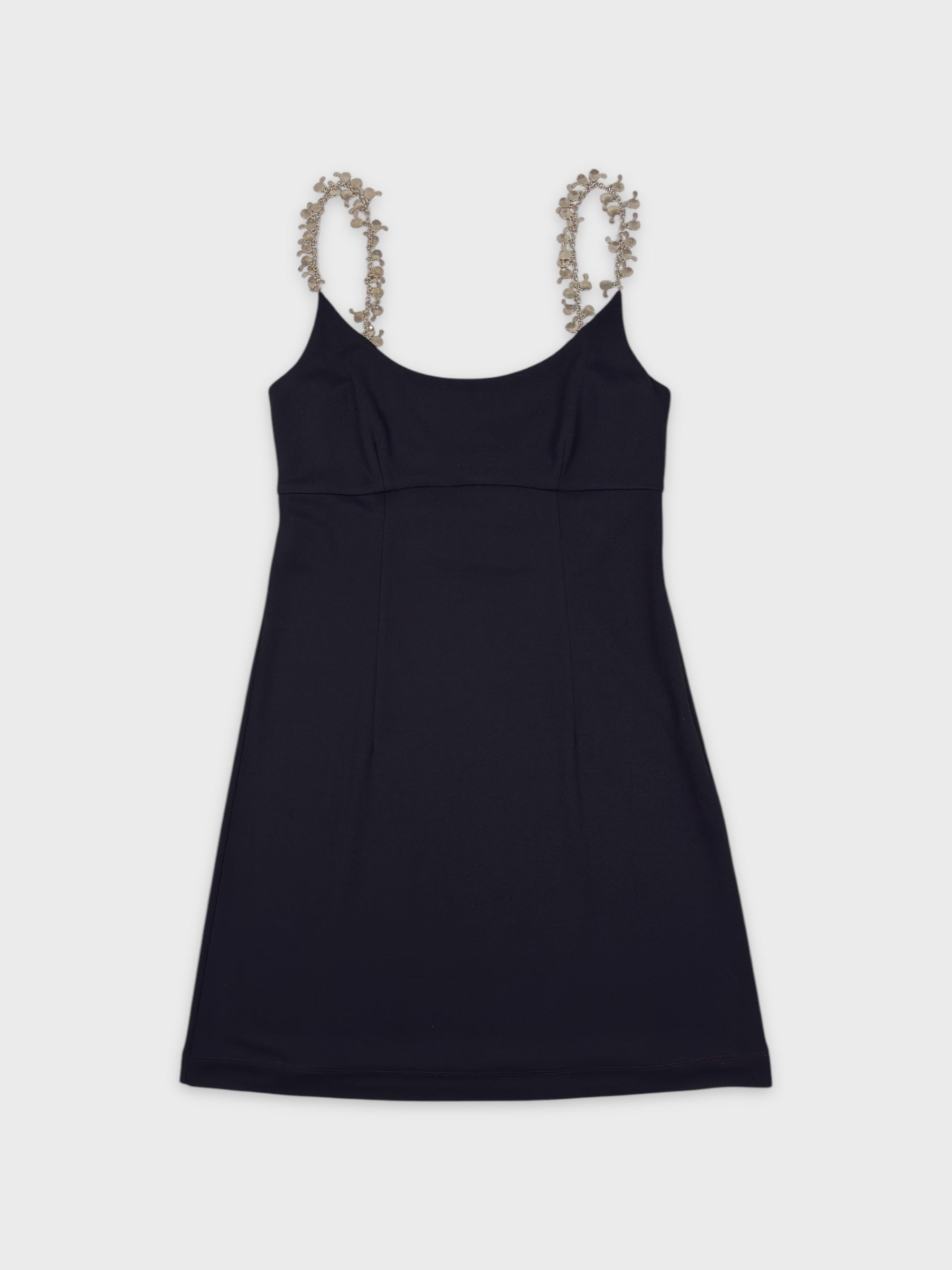 Moschino Cheap And Chic 1990s black mini dress with metallic charm shoulder straps.