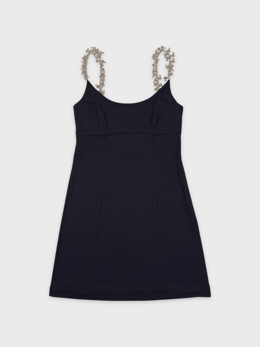 Moschino Cheap And Chic 1990s black mini dress with metallic charm shoulder straps.