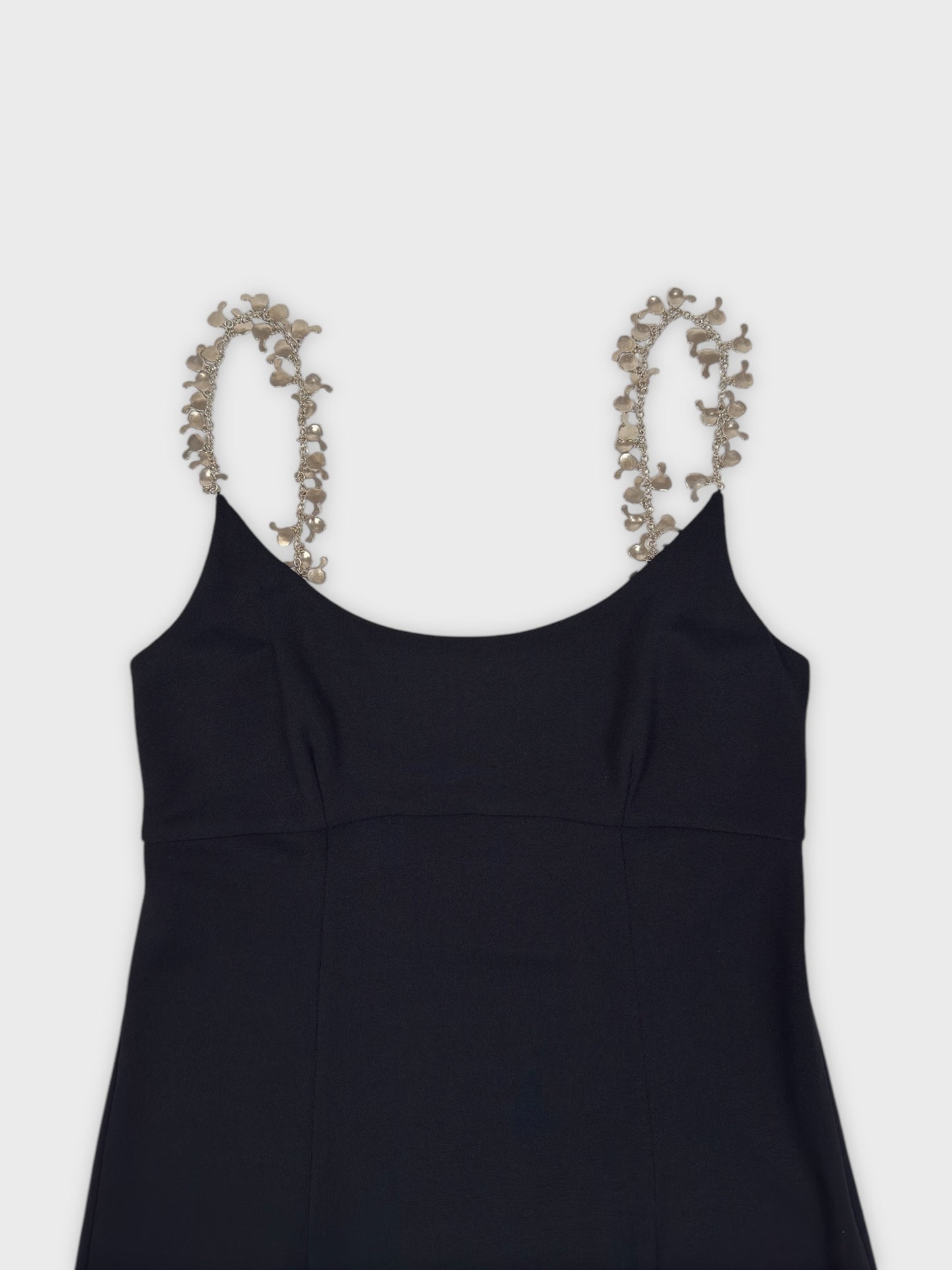 Moschino Cheap And Chic 1990s black mini dress with metallic charm shoulder straps.