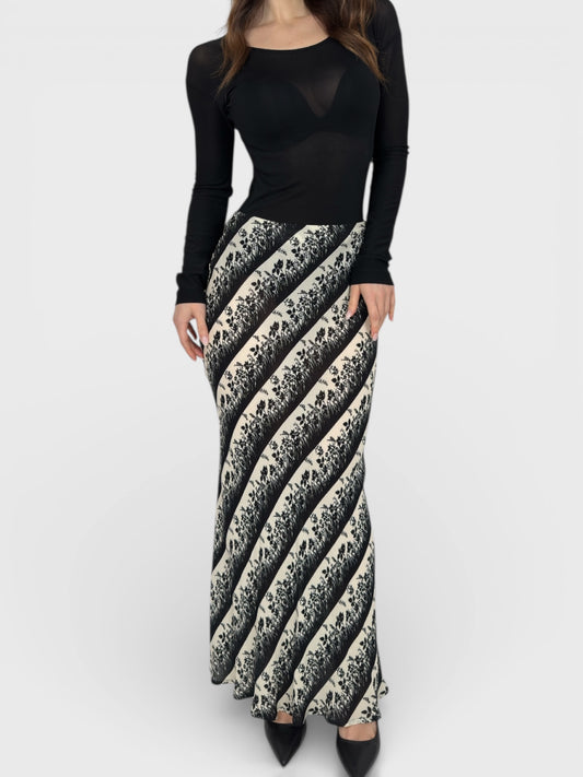 Moschino Cheap And Chic 1990s black and ivory long rayon skirt.