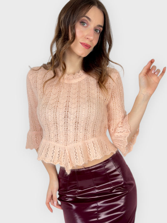 Moschino Cheap And Chic 1990s peach pink mohair sweater with ruffle detailing on the bust and sleeves.