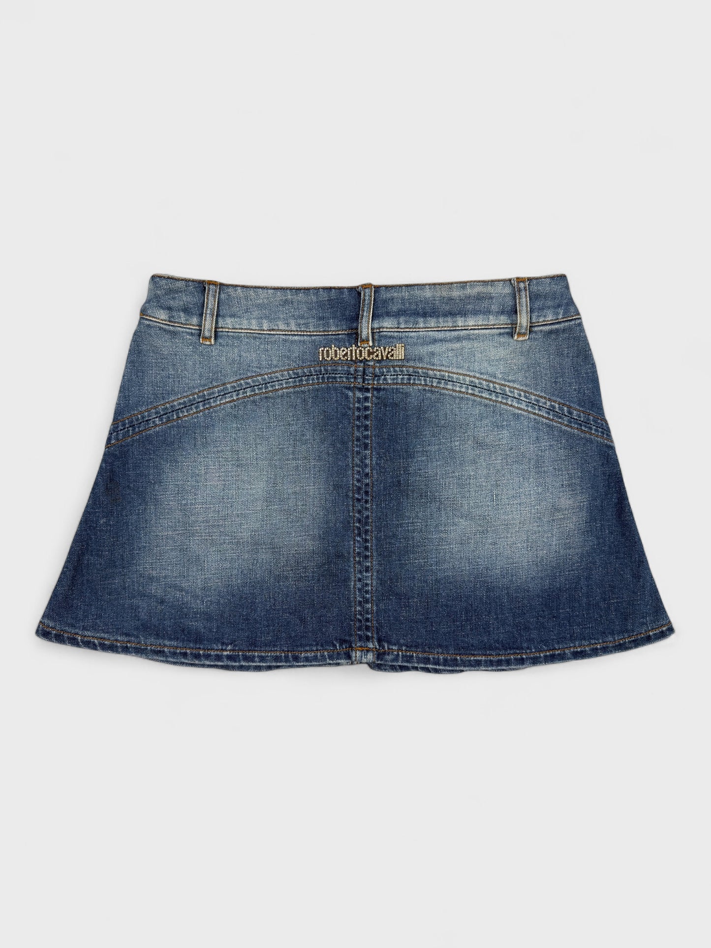 Roberto Cavalli 2004 denim flare mini skirt.