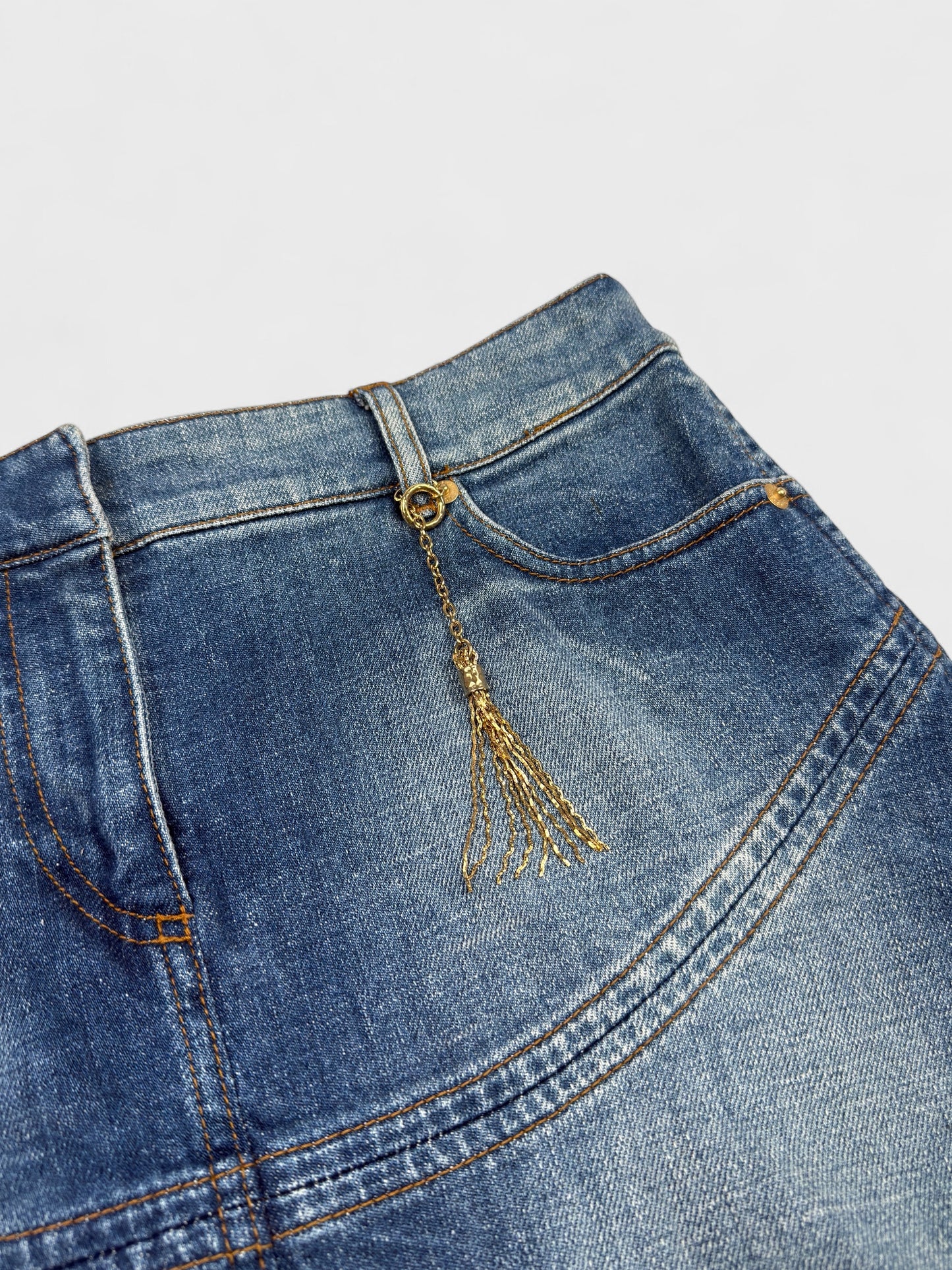 Roberto Cavalli 2004 denim flare mini skirt.