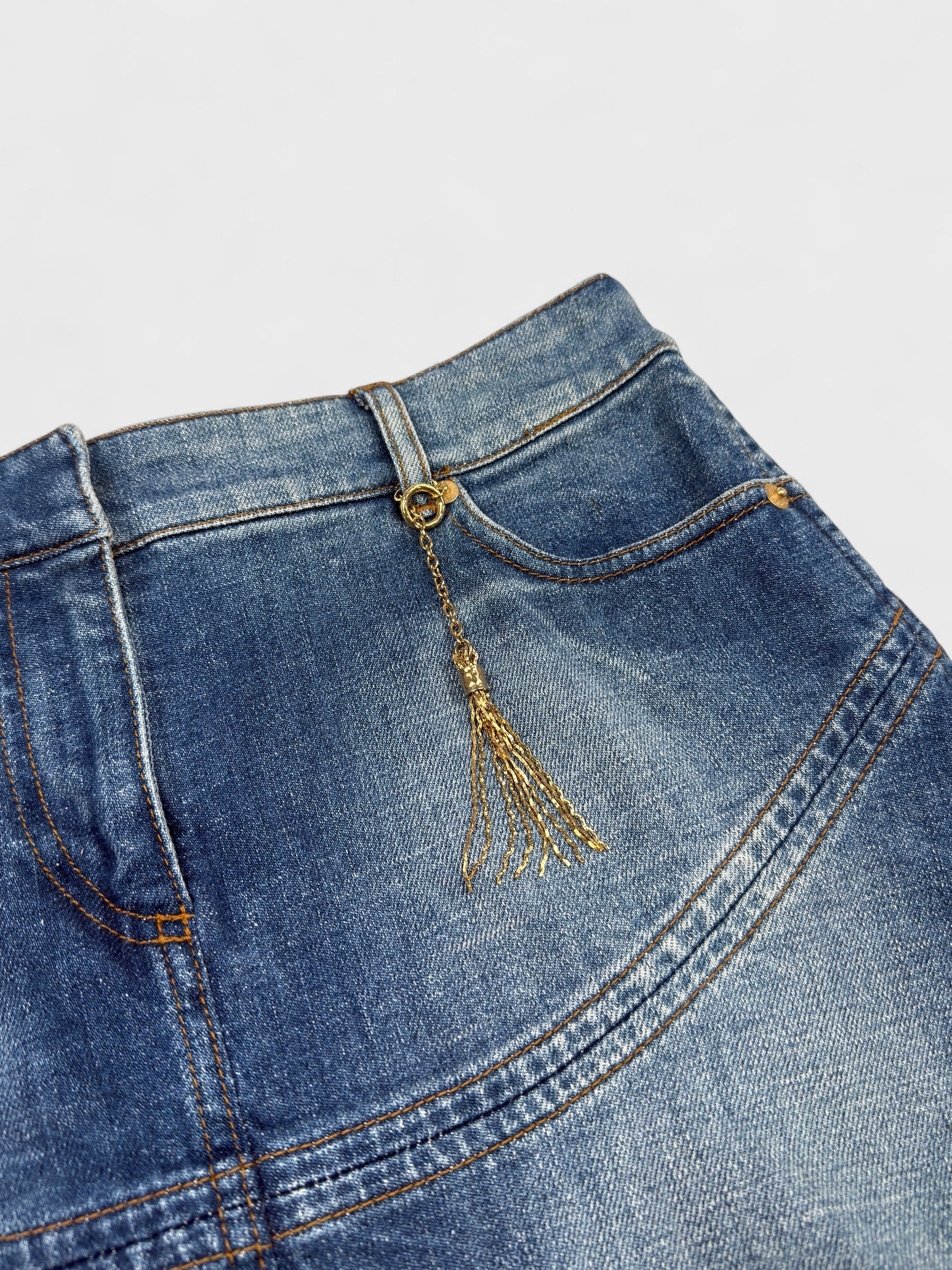 Roberto Cavalli 2004 denim flare mini skirt.