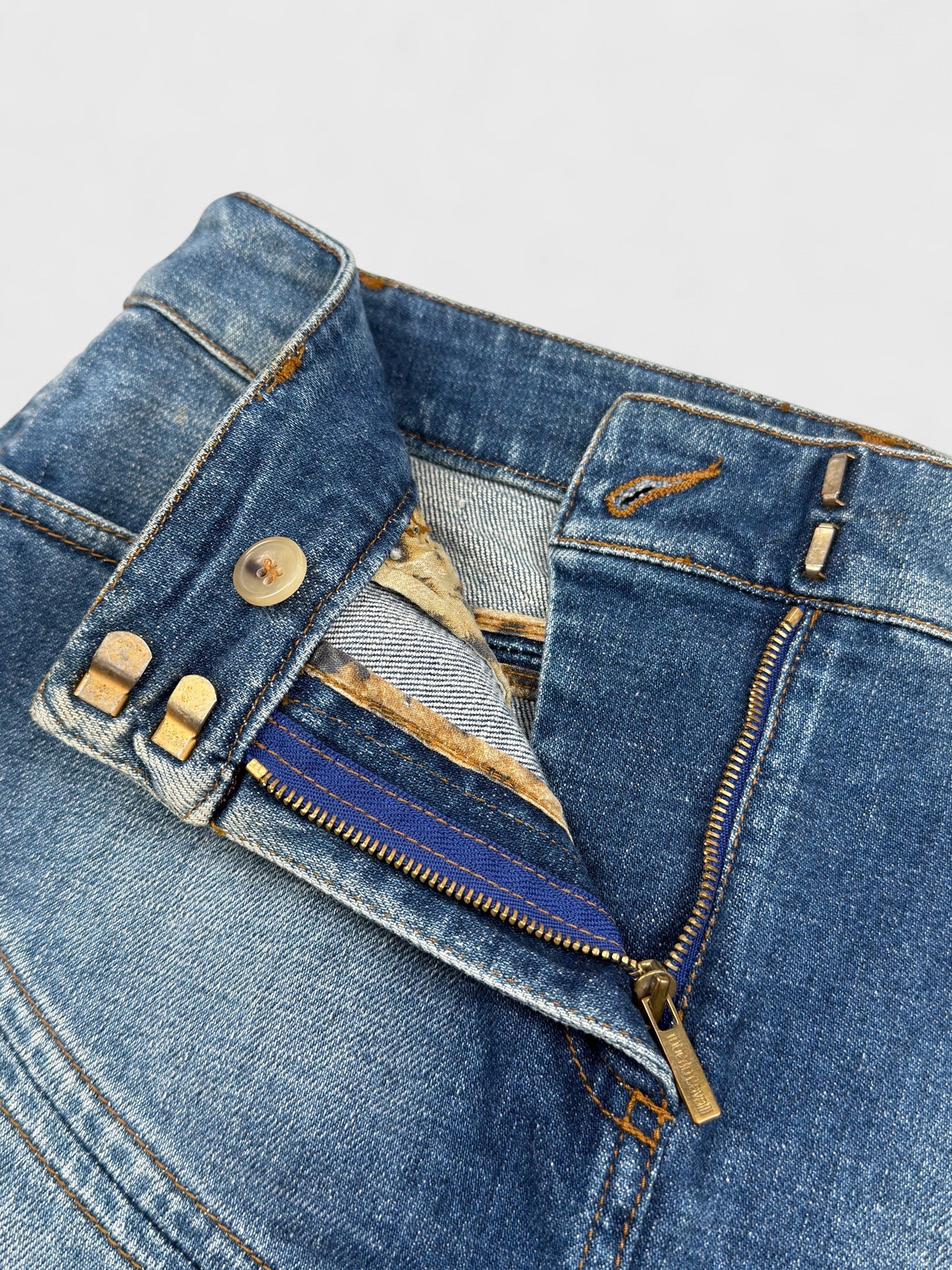 Roberto Cavalli 2004 denim flare mini skirt.