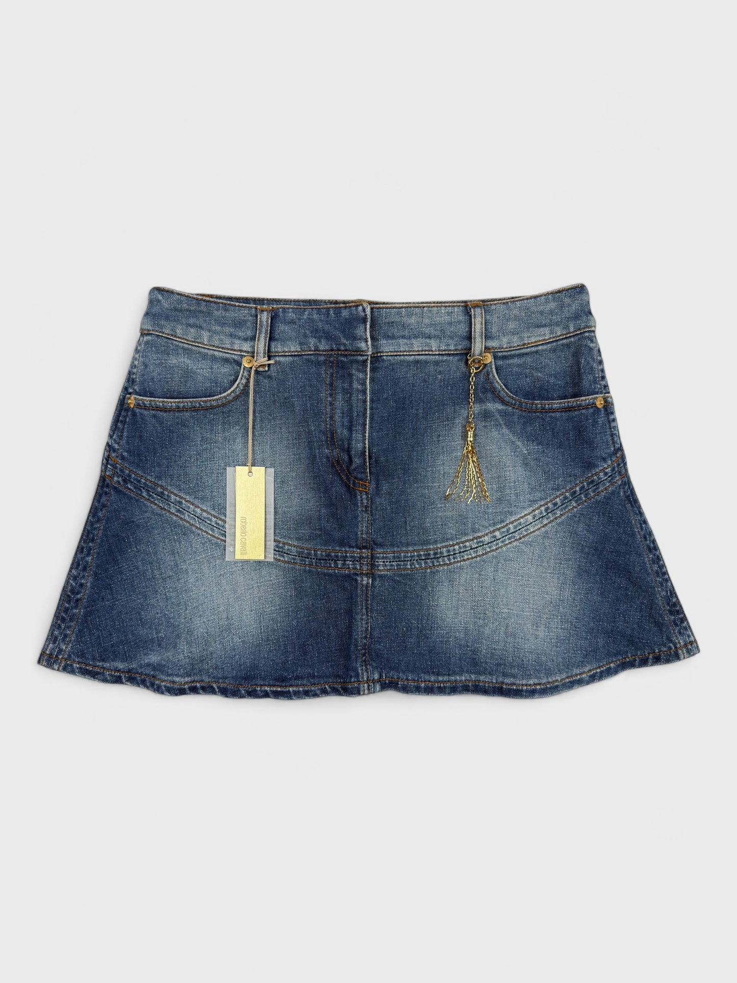 Roberto Cavalli 2004 denim flare mini skirt.