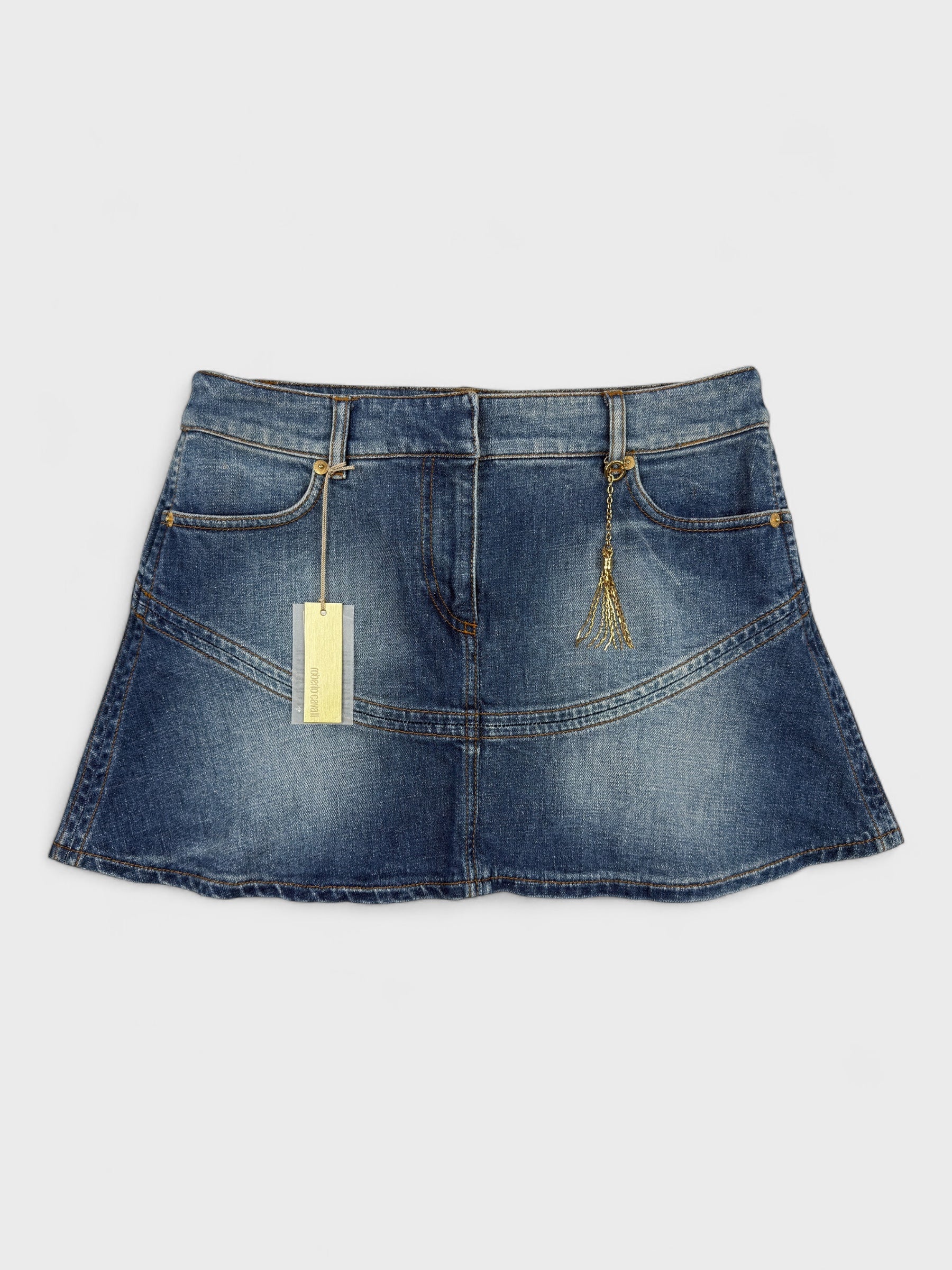 Roberto Cavalli 2004 denim flare mini skirt.