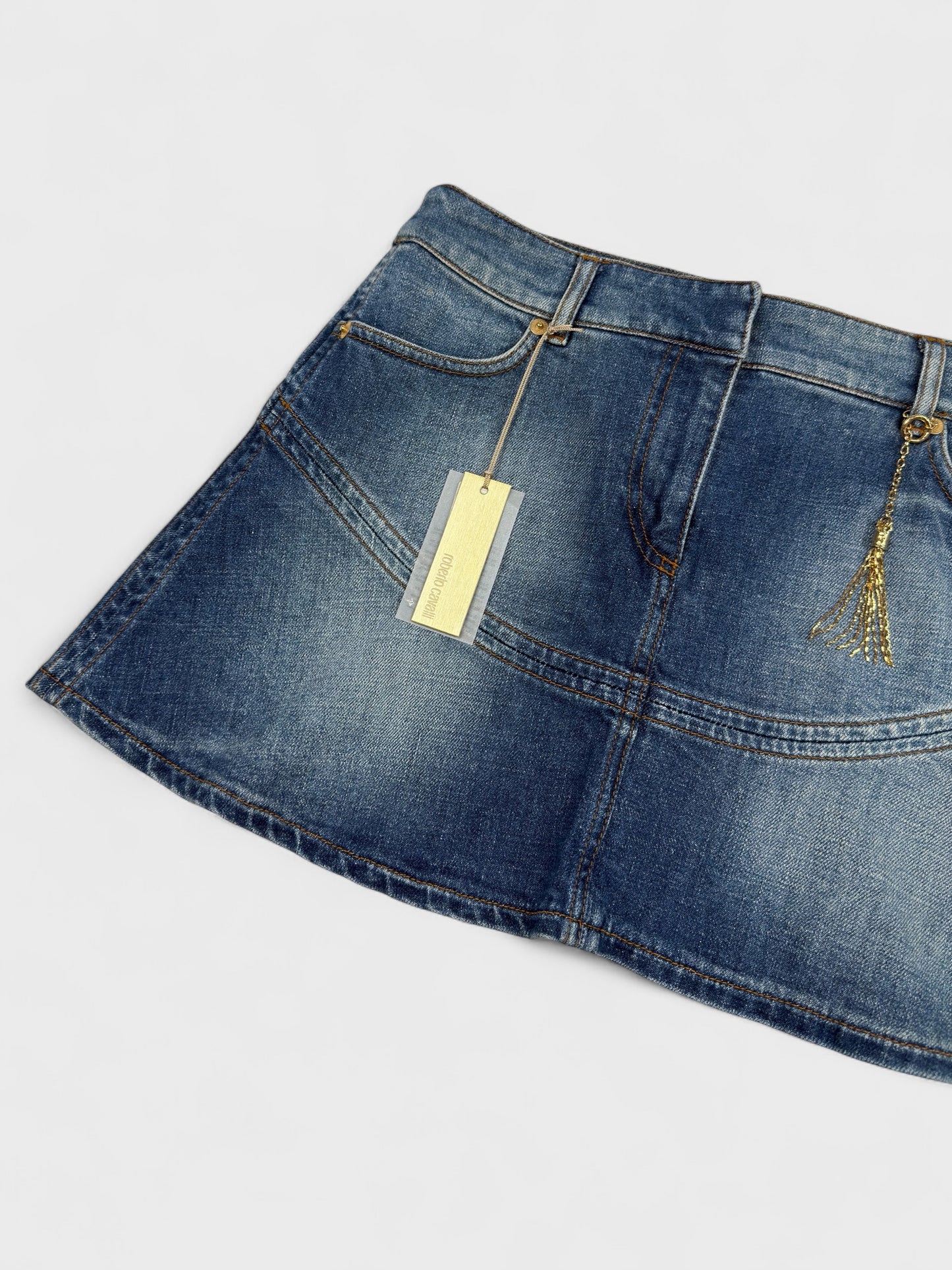 Roberto Cavalli 2004 denim flare mini skirt.