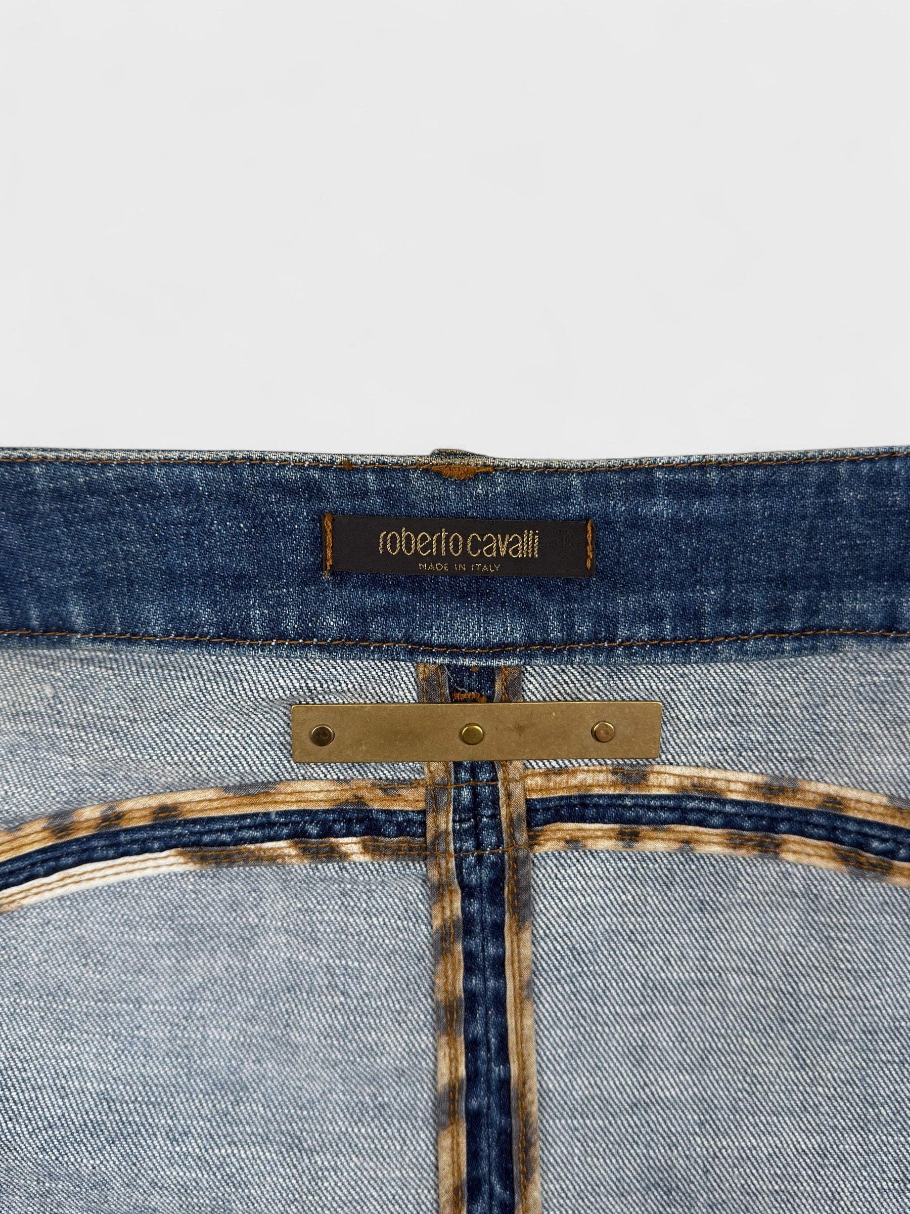 Roberto Cavalli 2004 denim flare mini skirt.