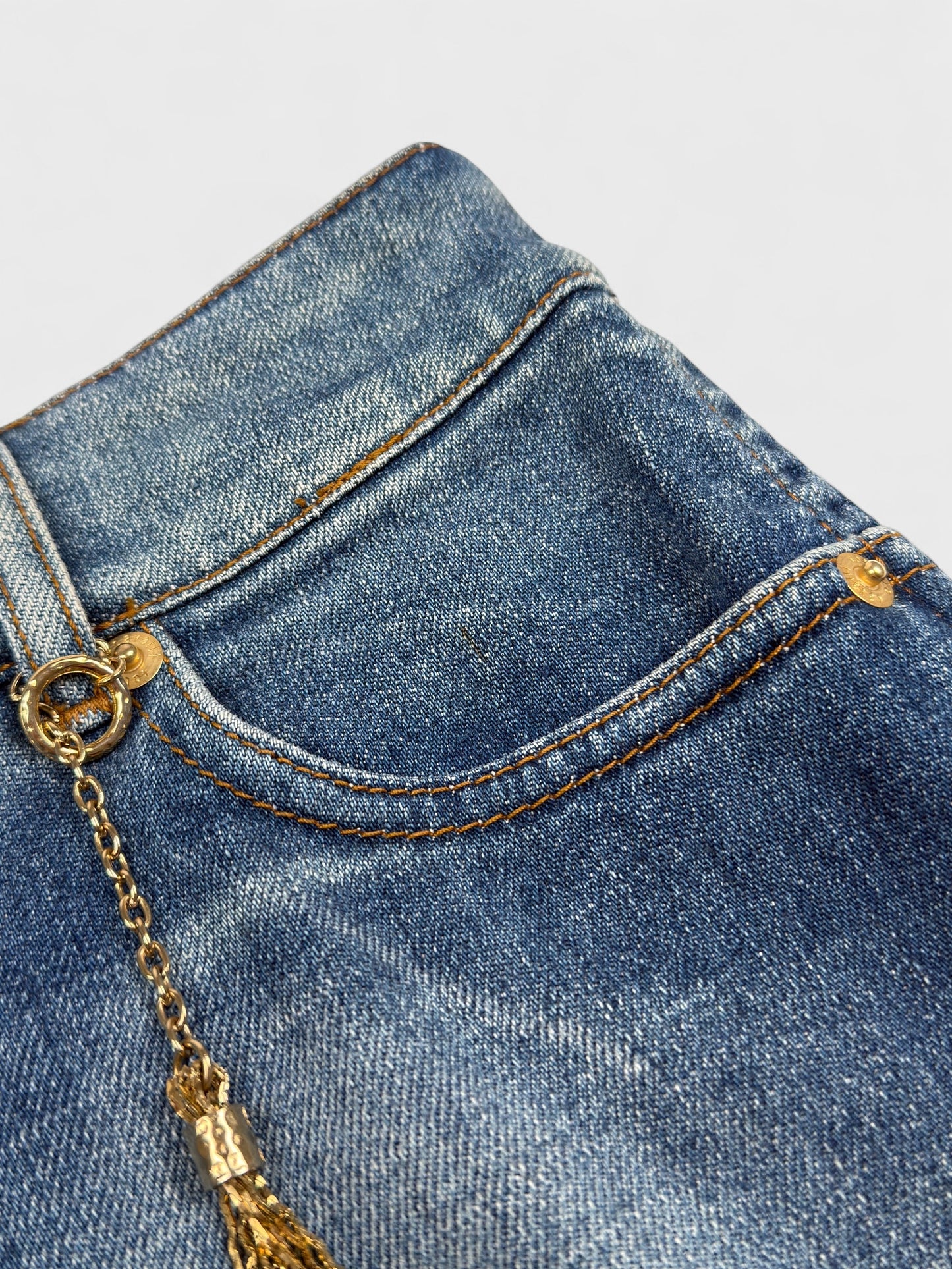 Roberto Cavalli 2004 denim flare mini skirt.