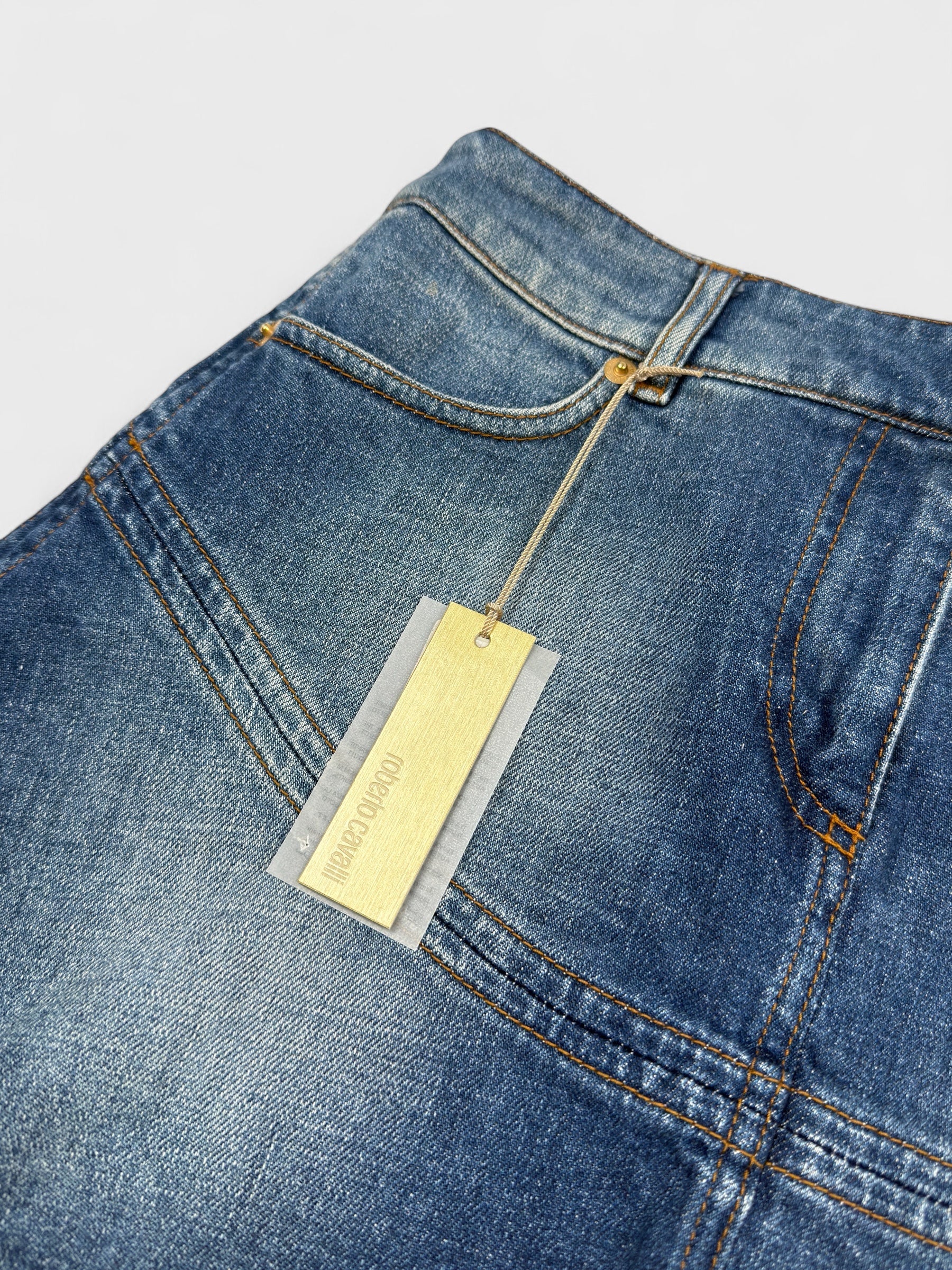 Roberto Cavalli 2004 denim flare mini skirt.