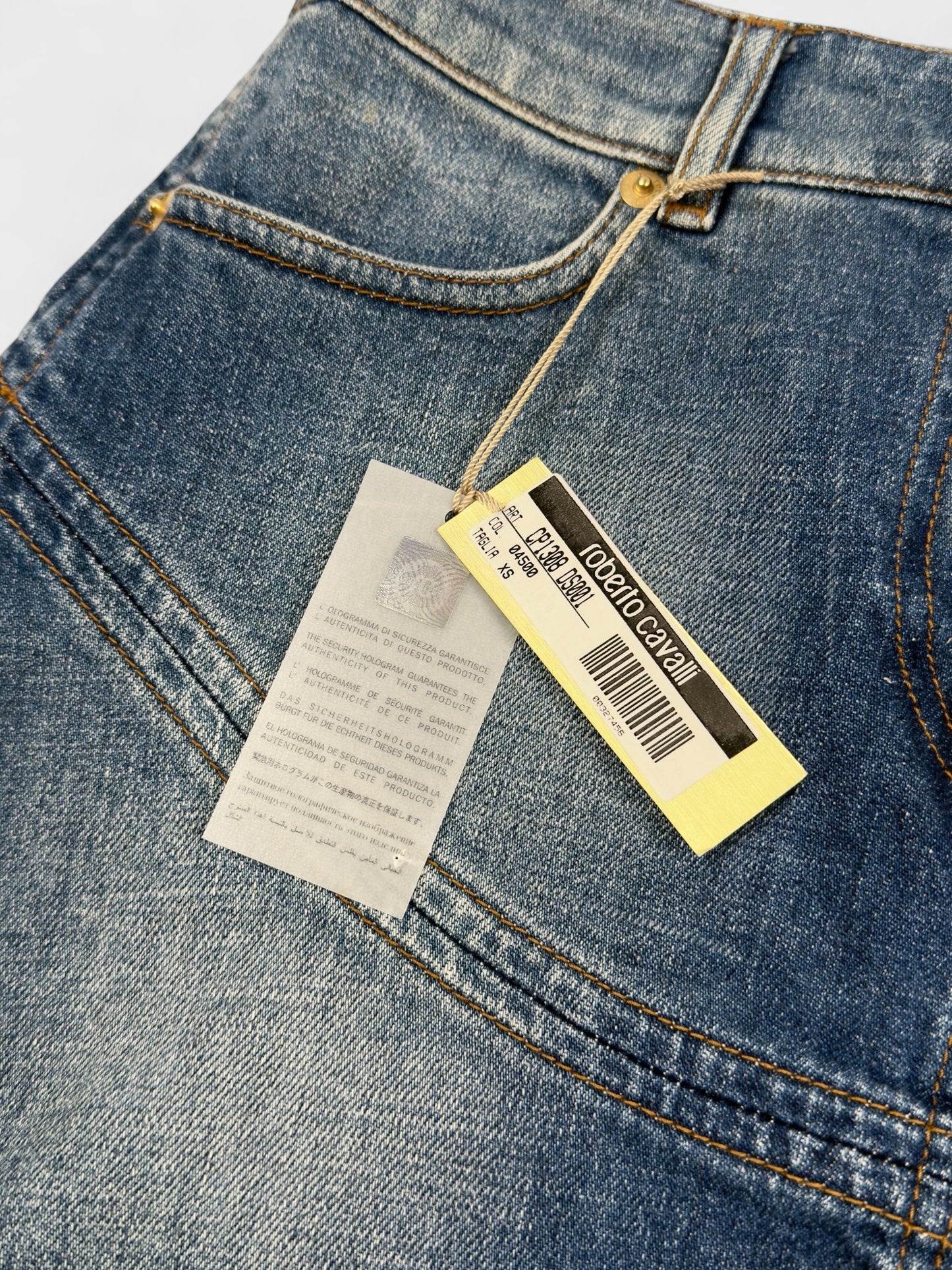 Roberto Cavalli 2004 denim flare mini skirt.