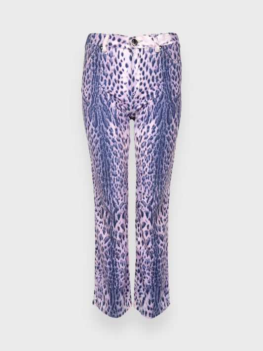 Roberto Cavalli SS 2000 leopard printed jeans with cuffed capri styling.