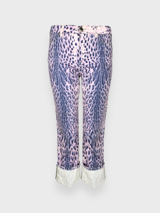 Roberto Cavalli SS 2000 leopard printed jeans with cuffed capri styling.