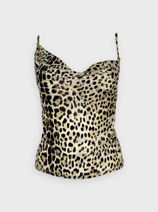 Roberto Cavalli SS 2001 leopard print asymmetrical top with thin straps.