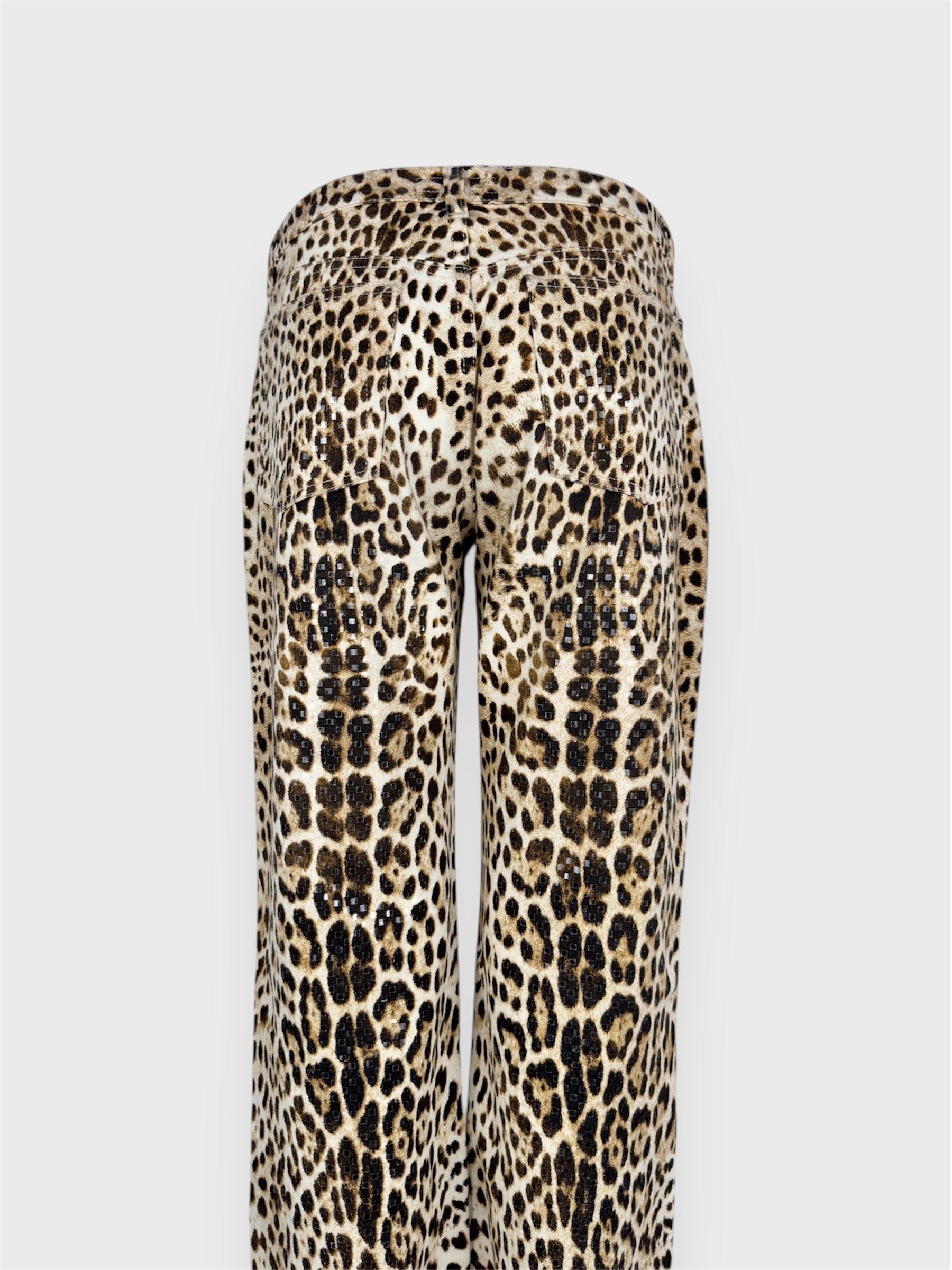 Roberto Cavalli SS 2001 leopard printed jeans with sequin embellishments.