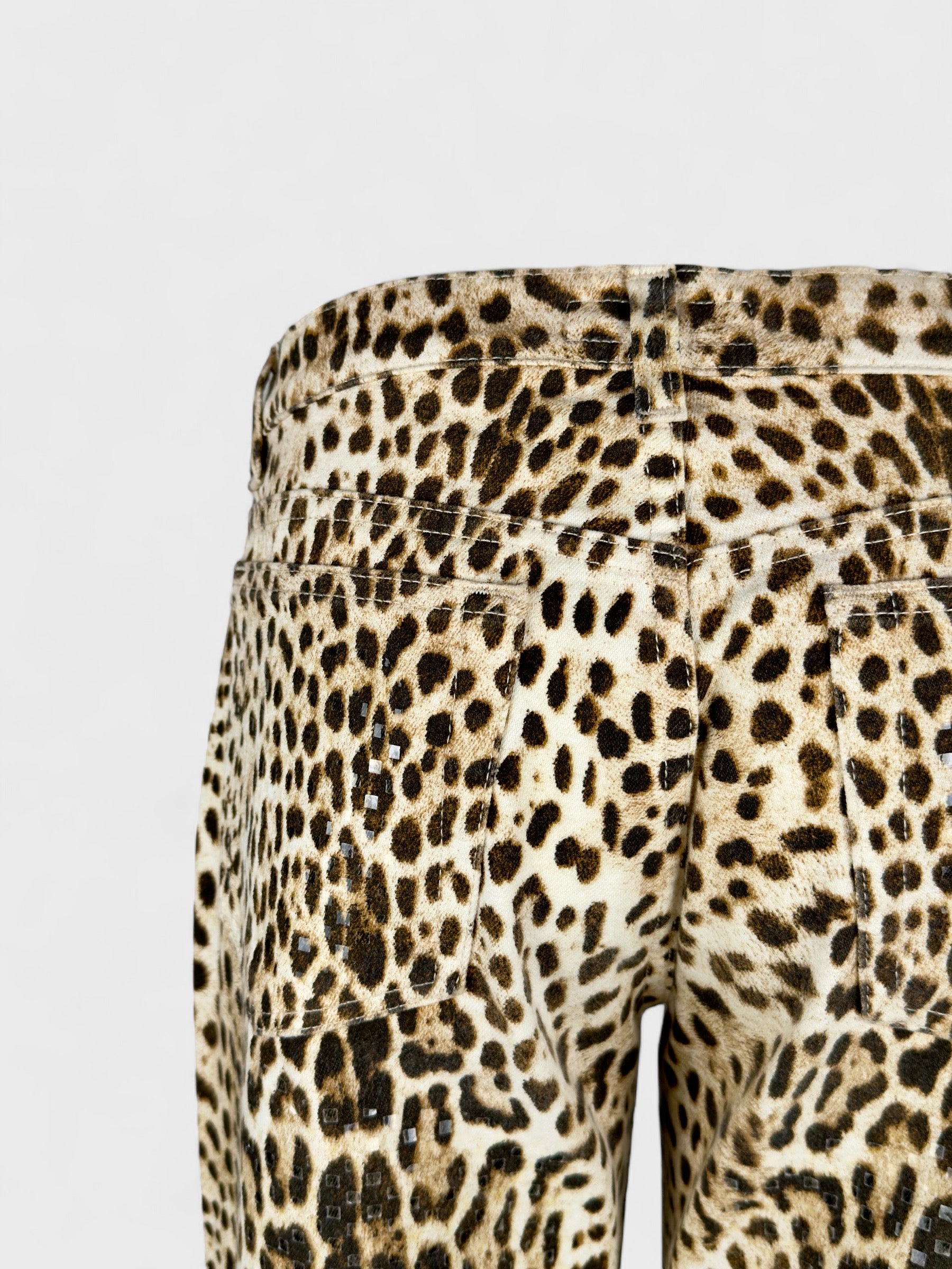 Roberto Cavalli SS 2001 leopard printed jeans with sequin embellishments.
