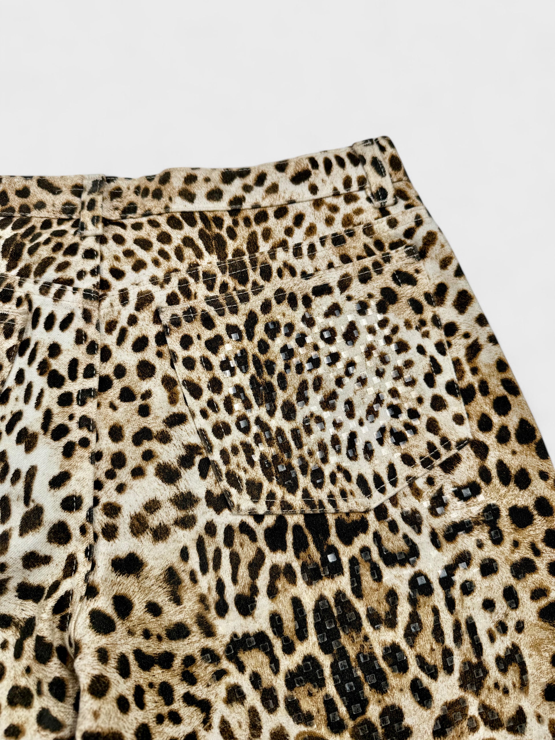Roberto Cavalli SS 2001 leopard printed jeans with sequin embellishments.