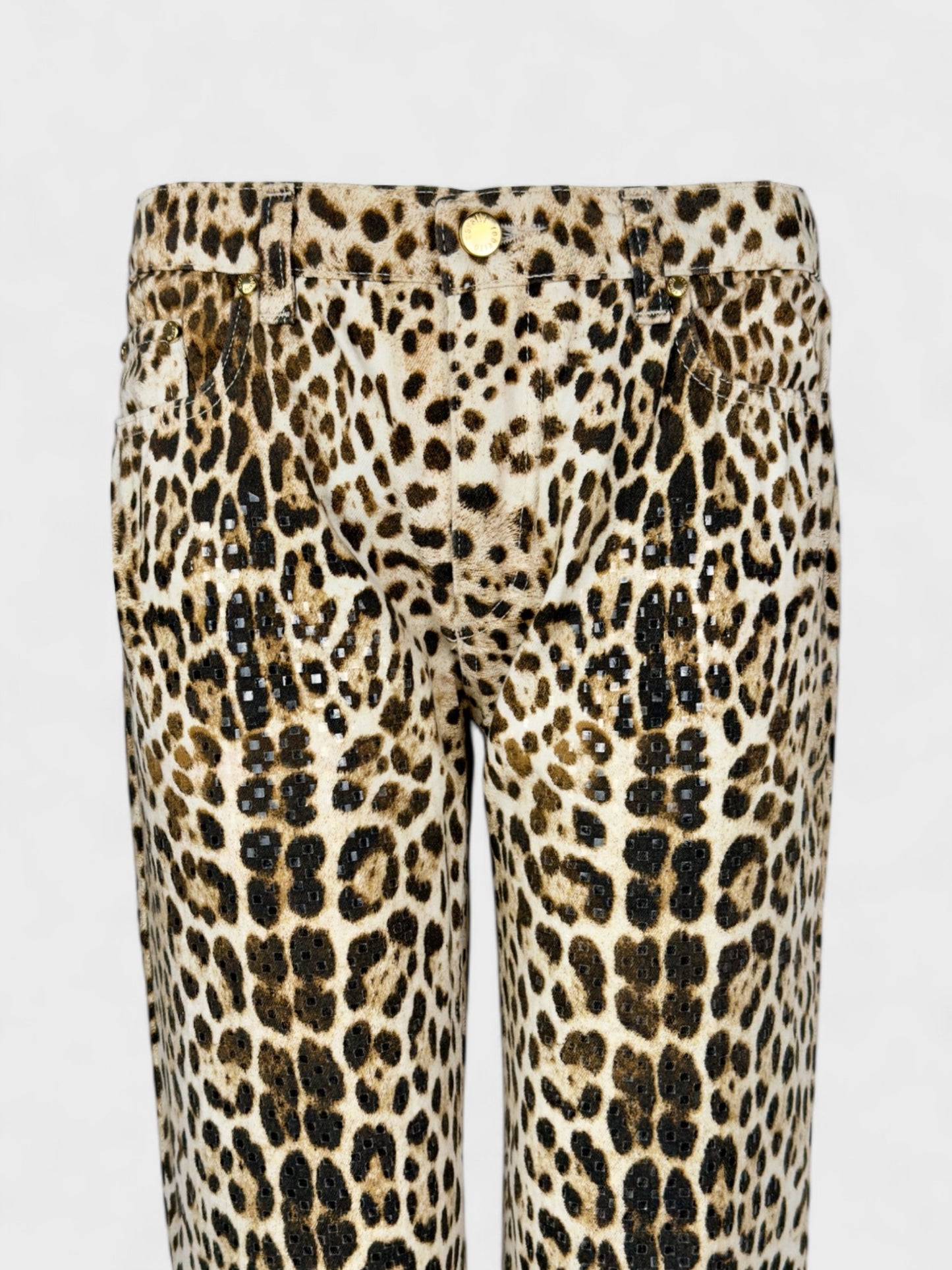 Roberto Cavalli SS 2001 leopard printed jeans with sequin embellishments.