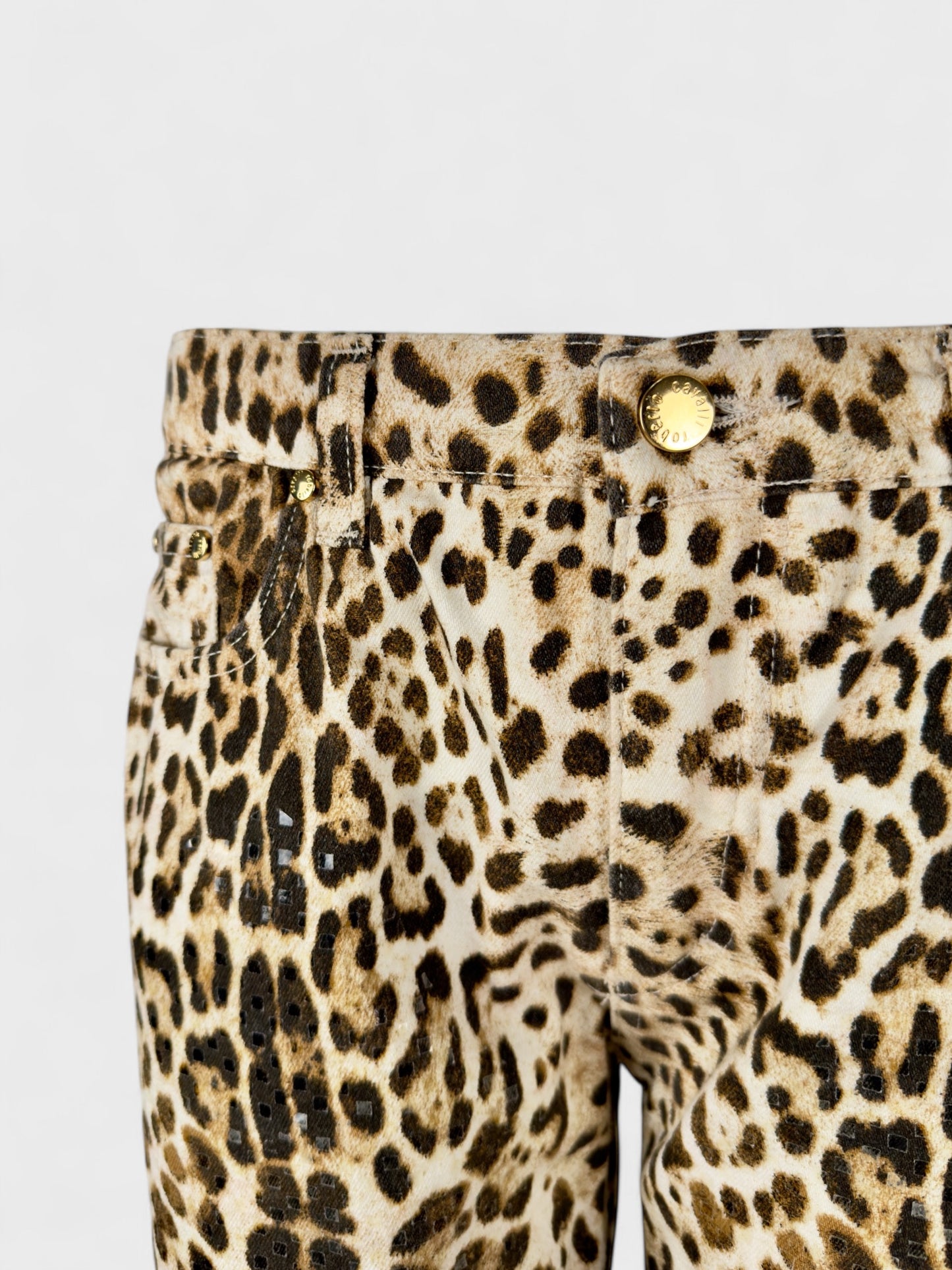Roberto Cavalli SS 2001 leopard printed jeans with sequin embellishments.