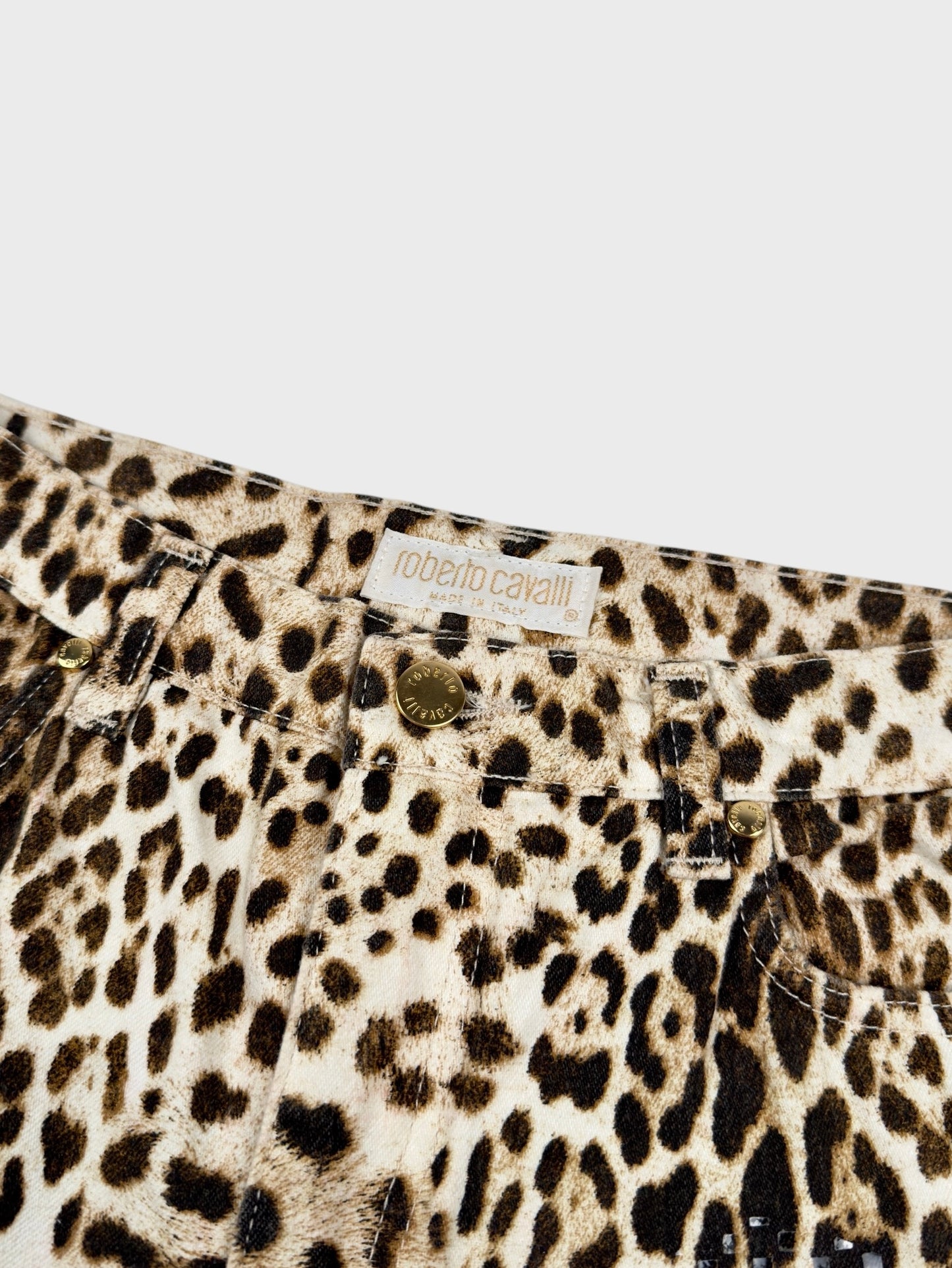 Roberto Cavalli SS 2001 leopard printed jeans with sequin embellishments.