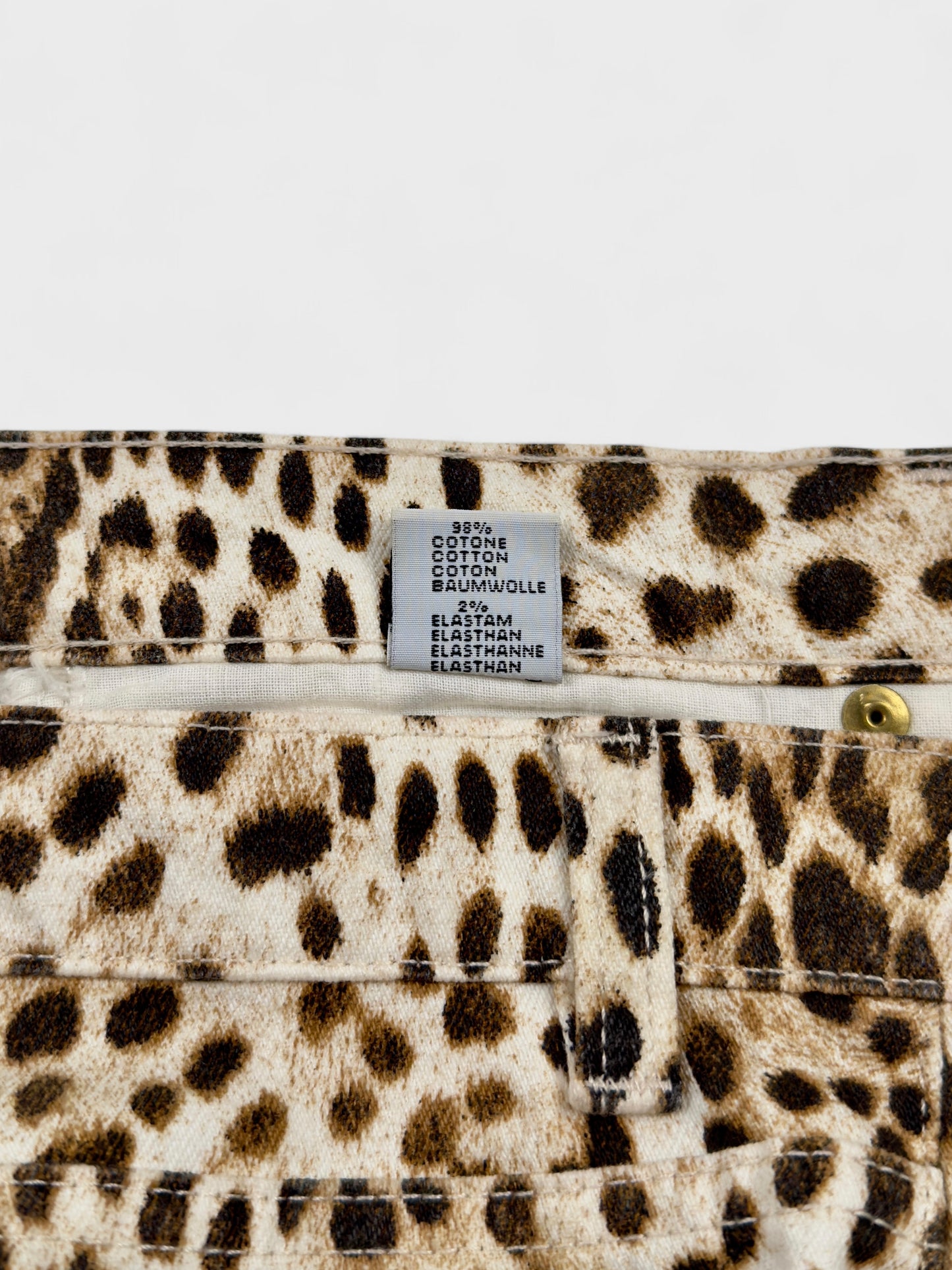 Roberto Cavalli SS 2001 leopard printed jeans with sequin embellishments.