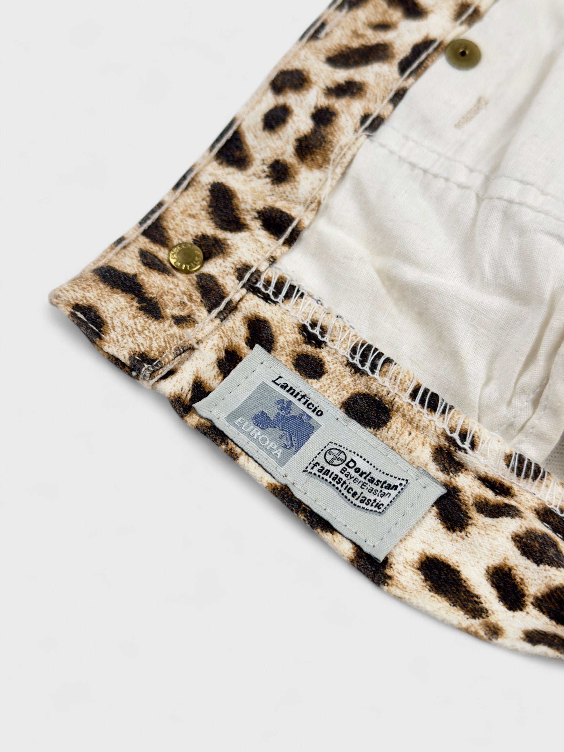 Roberto Cavalli SS 2001 leopard printed jeans with sequin embellishments.