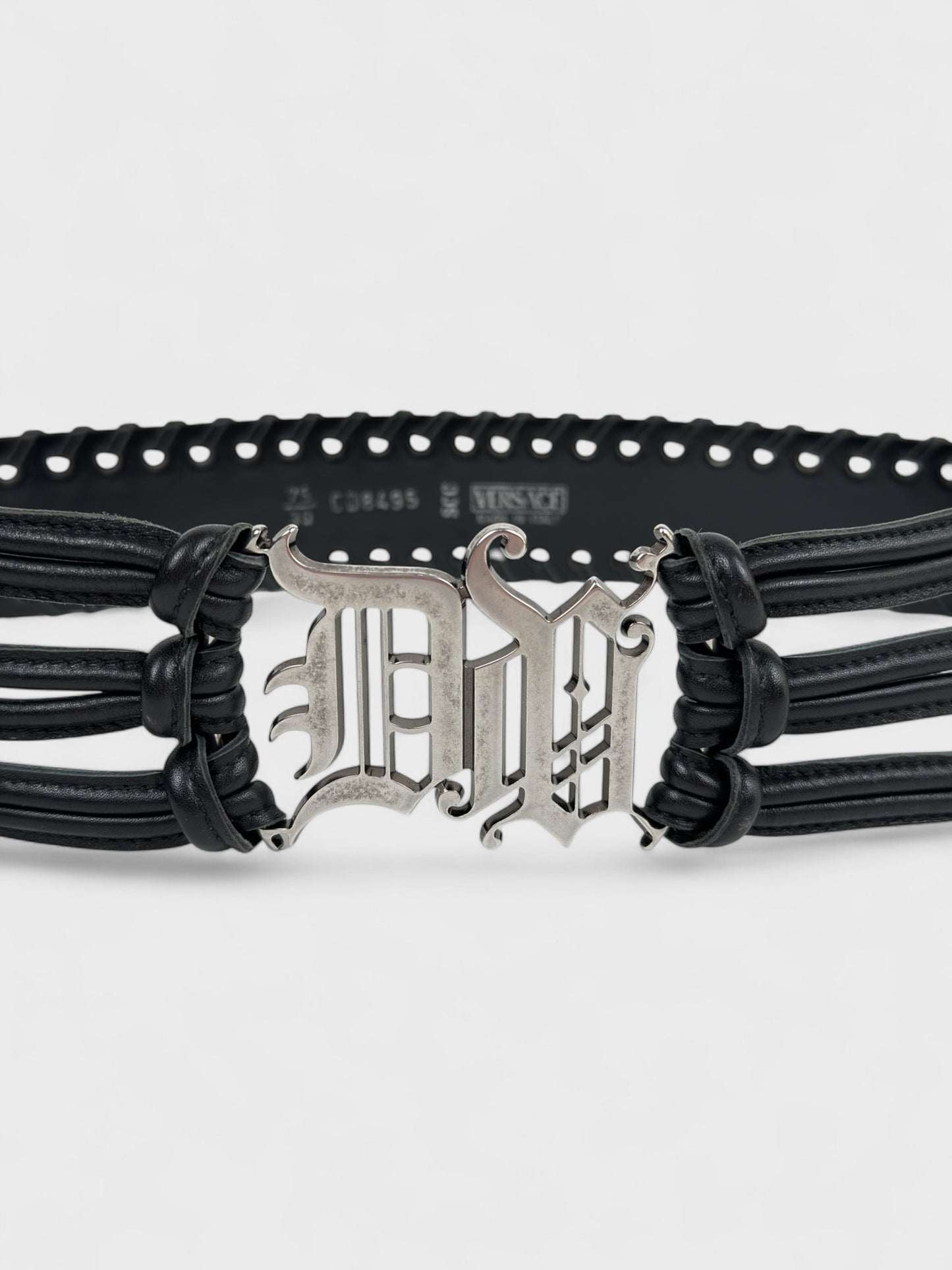 Versace early-2000s black crocodile-effect leather belt with gothic logo buckle.