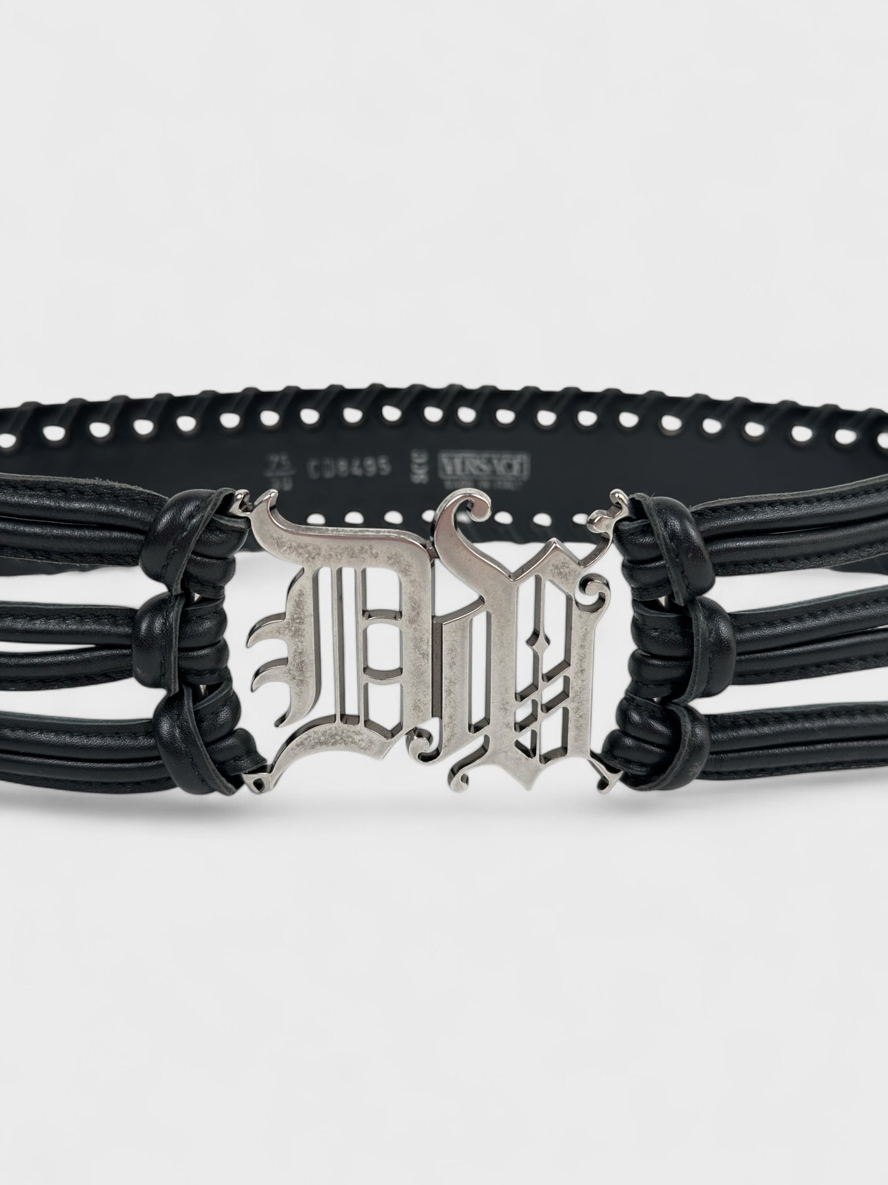 Versace early-2000s black crocodile-effect leather belt with gothic logo buckle.