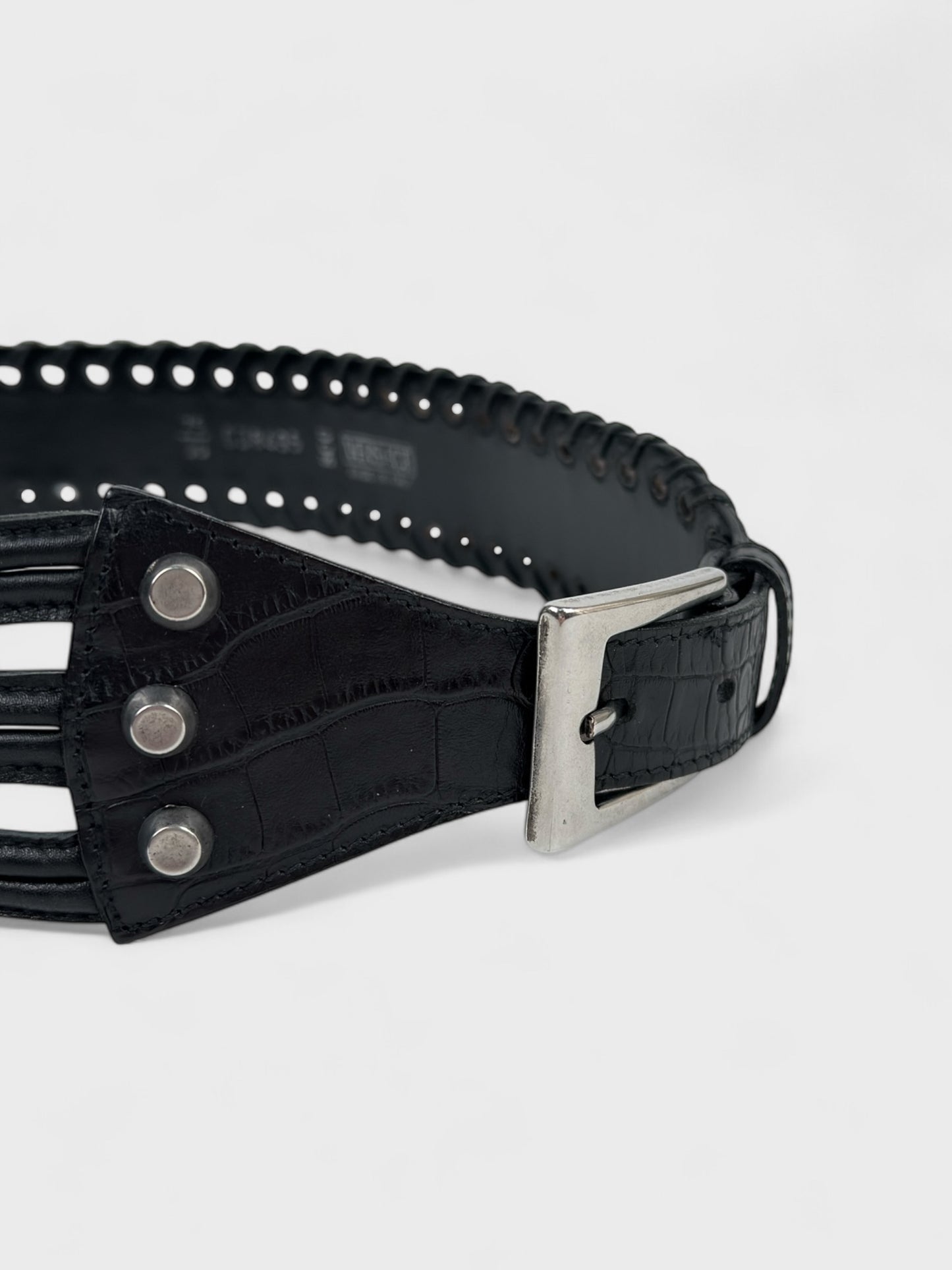 Versace early-2000s black crocodile-effect leather belt with gothic logo buckle.